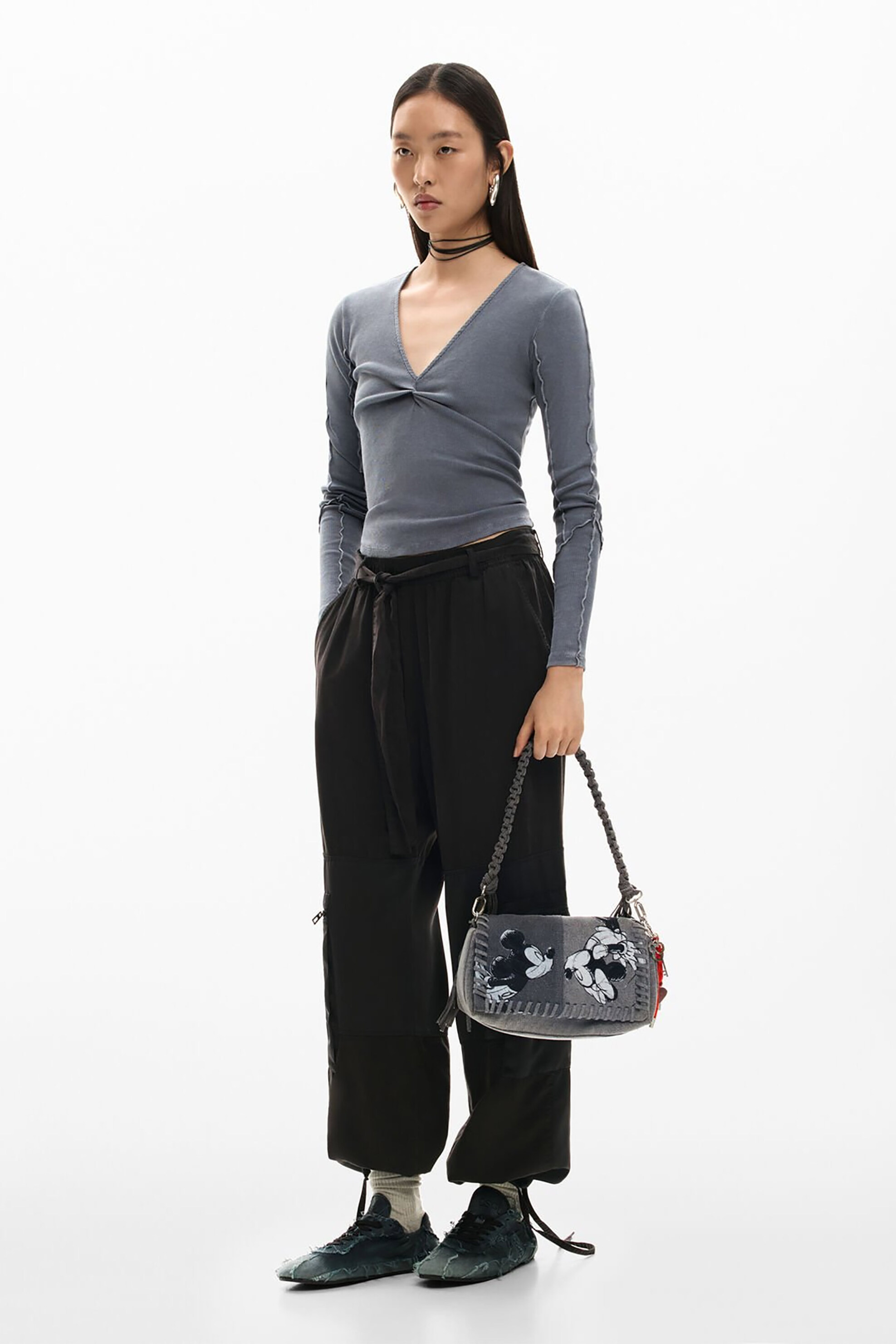 Desigual Γυναικεία Τσάντα Ώμου Denim με Print Mickey Mouse - 26Saxd18 Γκρι