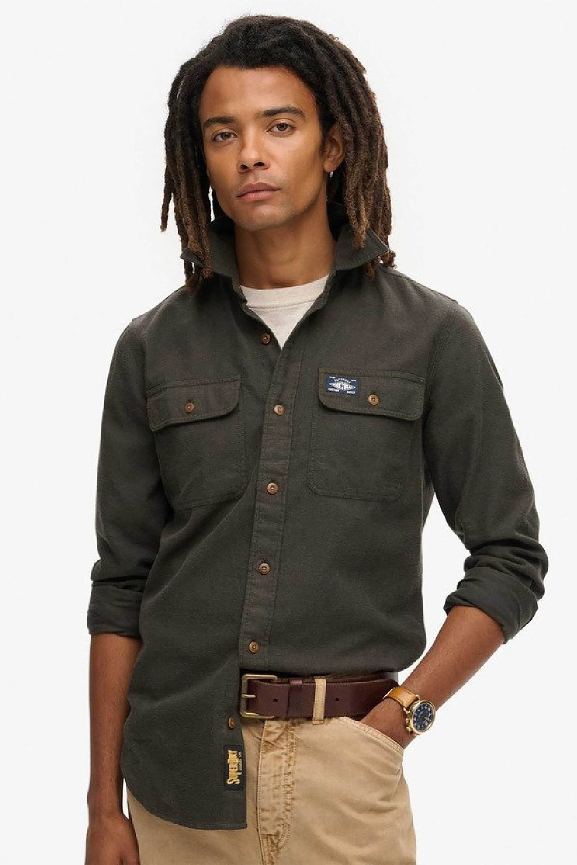 SUPERDRY & CO Superdry ανδρικό πουκάμισο με τσέπες και λογότυπο Relaxed Fit "Flannel Workwear" - M4010723A Χακί