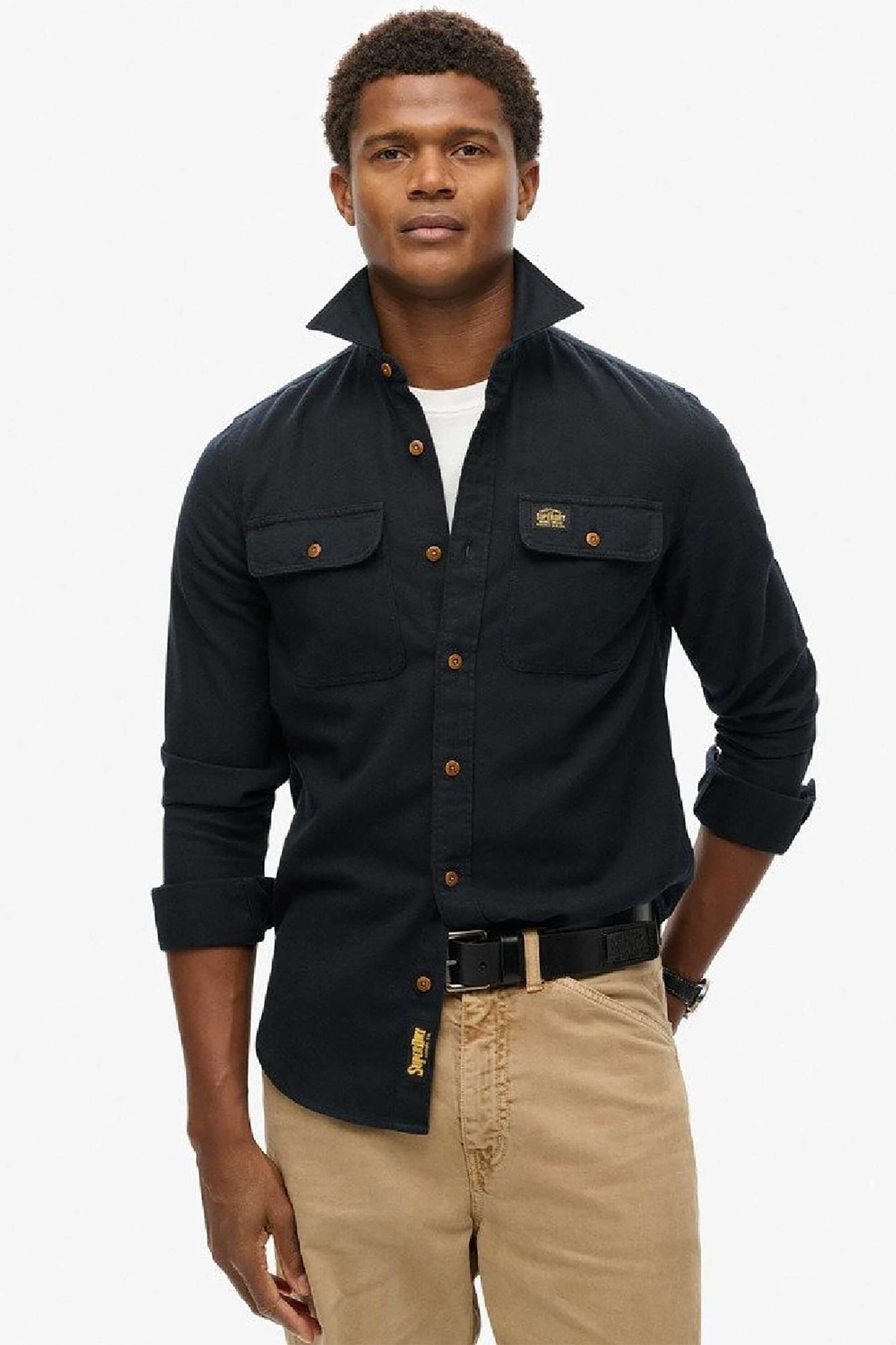 SUPERDRY & CO Superdry ανδρικό πουκάμισο με τσέπες και λογότυπο Relaxed Fit "Flannel Workwear" - M4010723A Μαύρο