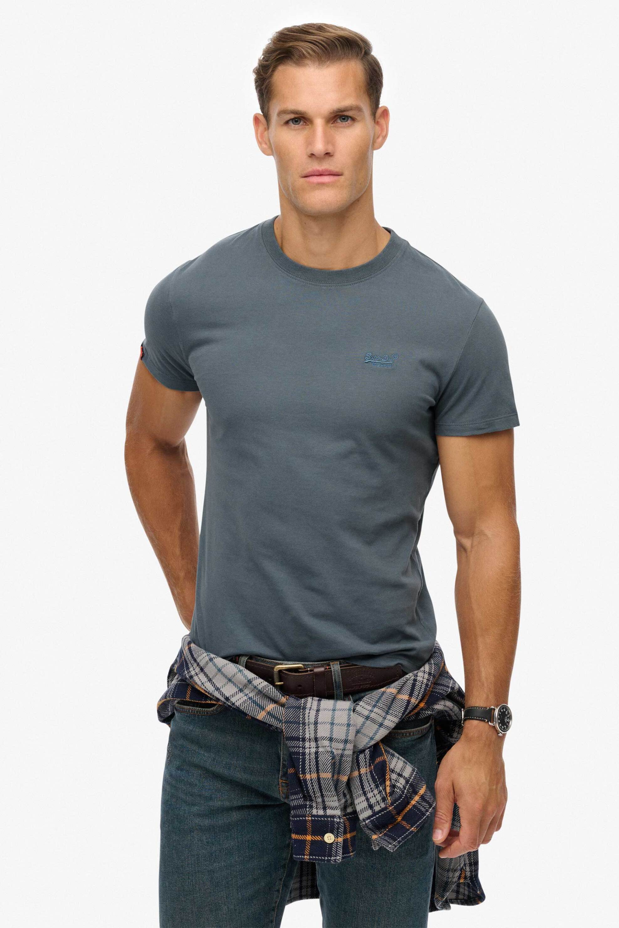 SUPERDRY & CO Superdry ανδρικό T-shirt με κεντημένο λογότυπο Slim Fit "Essential" - M1011245A Γκρι Γαλάζιο