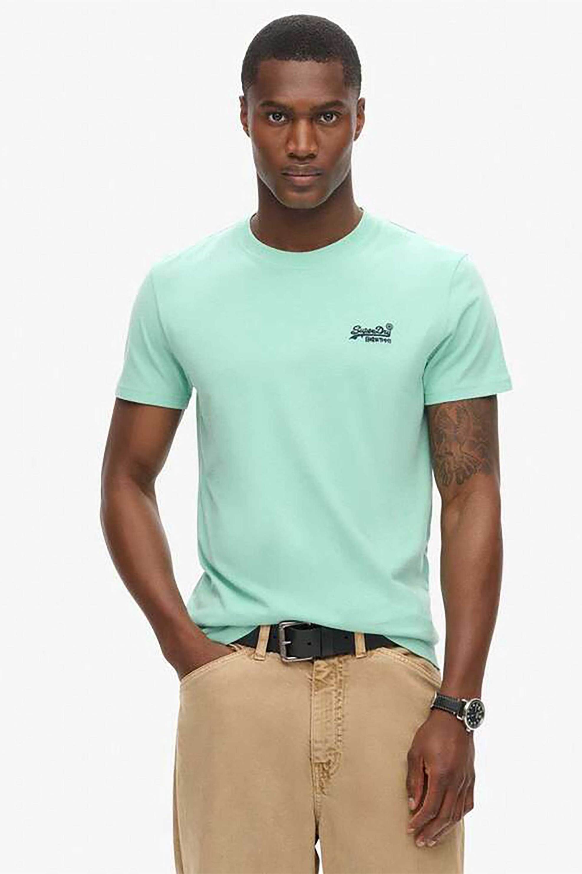 Superdry ανδρικό T-shirt με κεντημένο λογότυπο Slim Fit "Essential Logo" - M1011245A Πράσινο Μέντας