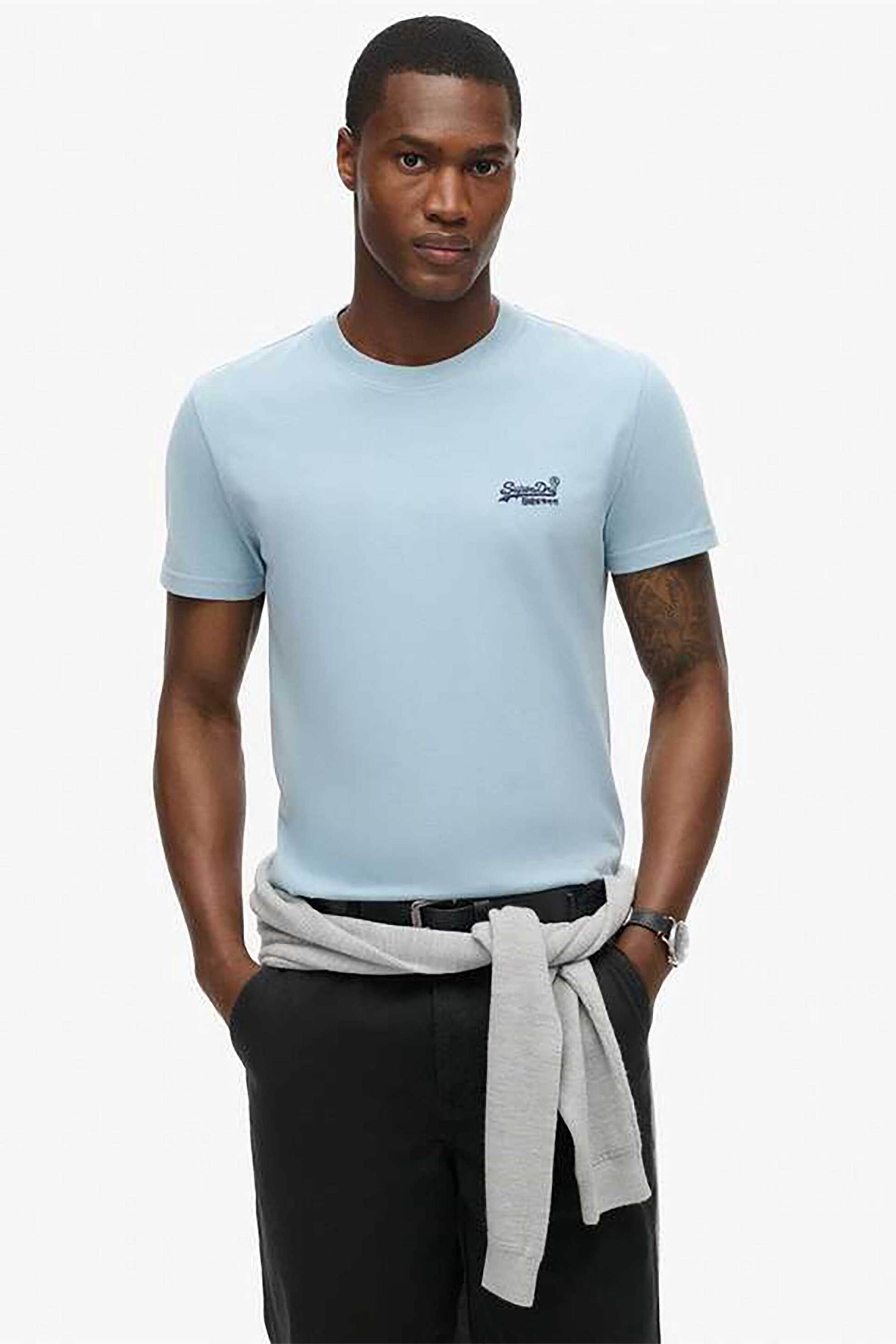 Superdry ανδρικό T-shirt με κεντημένο λογότυπο Slim Fit "Essential Logo" - M1011245A Μπλε Ανοιχτό