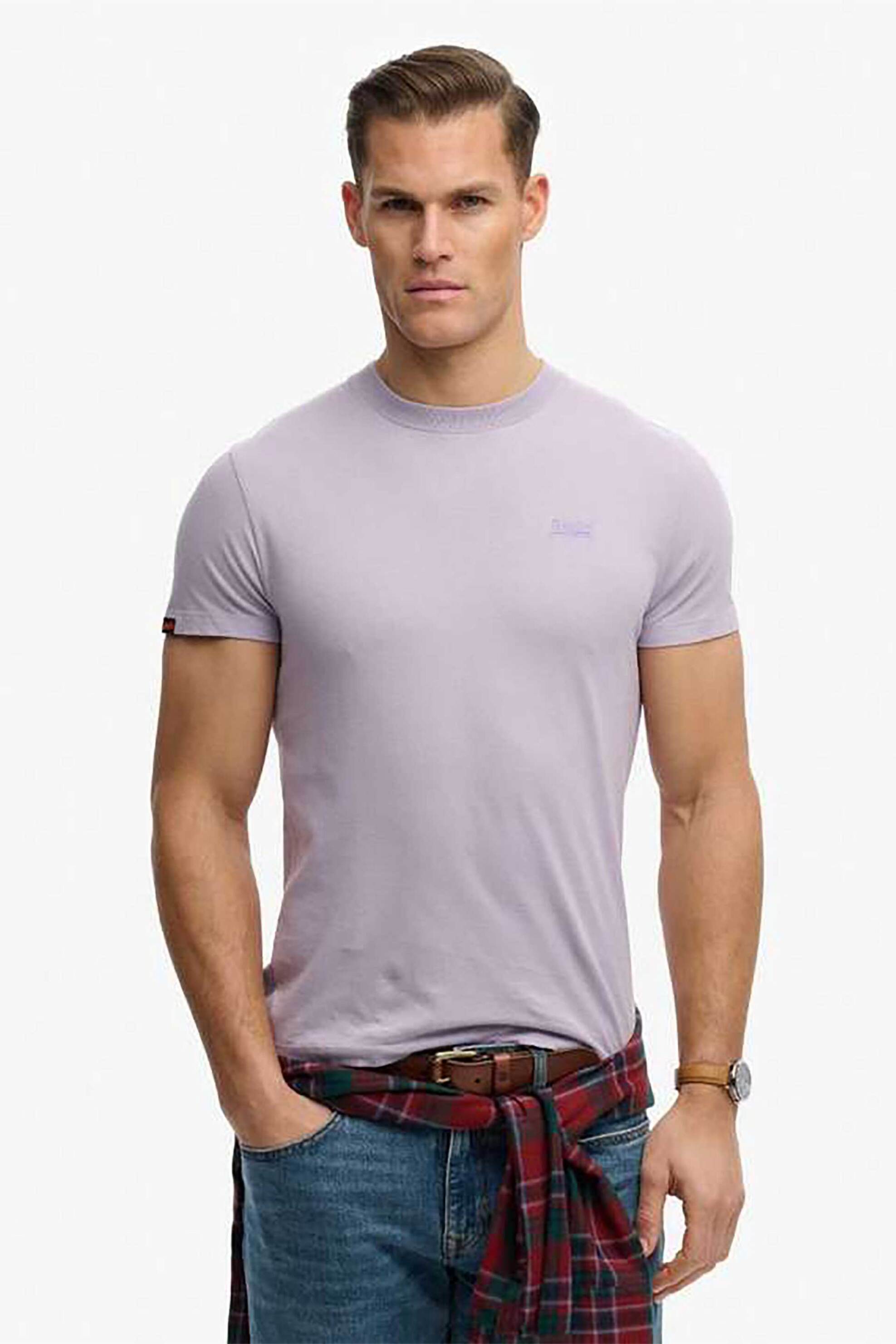 Superdry ανδρικό T-shirt με κεντημένο λογότυπο Slim Fit "Essential Logo" - M1011245A Λιλά