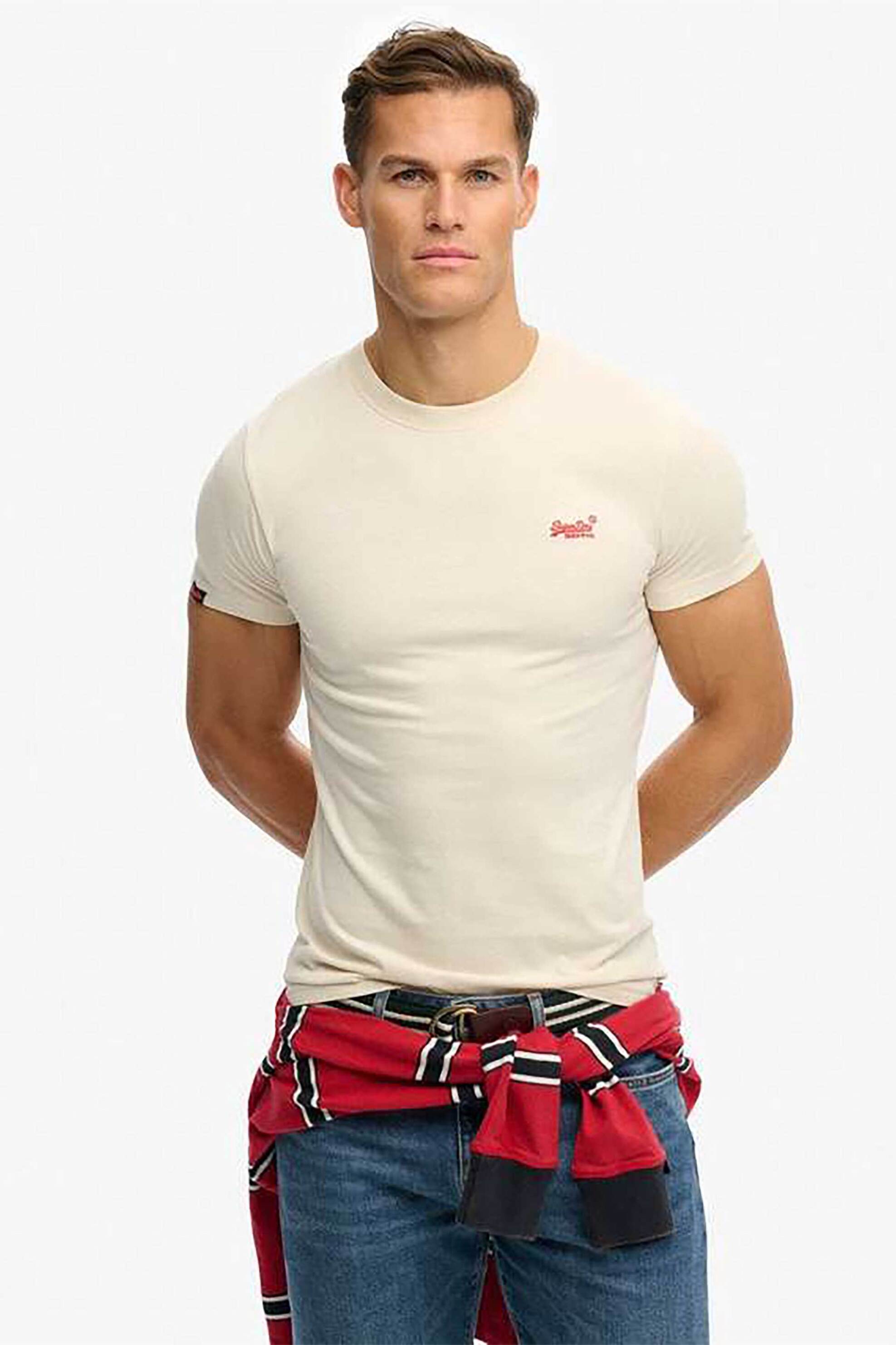 Superdry ανδρικό T-shirt με κεντημένο λογότυπο Slim Fit "Essential Logo" - M1011245A Εκρού
