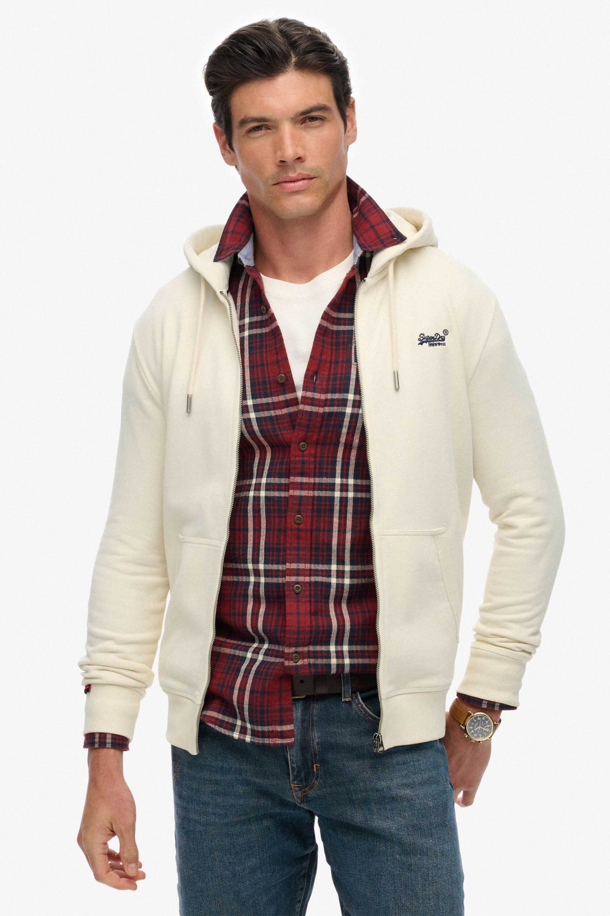 Superdry ανδρική ζακέτα φούτερ με κουκούλα και κεντημένο λογότυπο Relaxed Fit "Essential" - M2014128A Εκρού