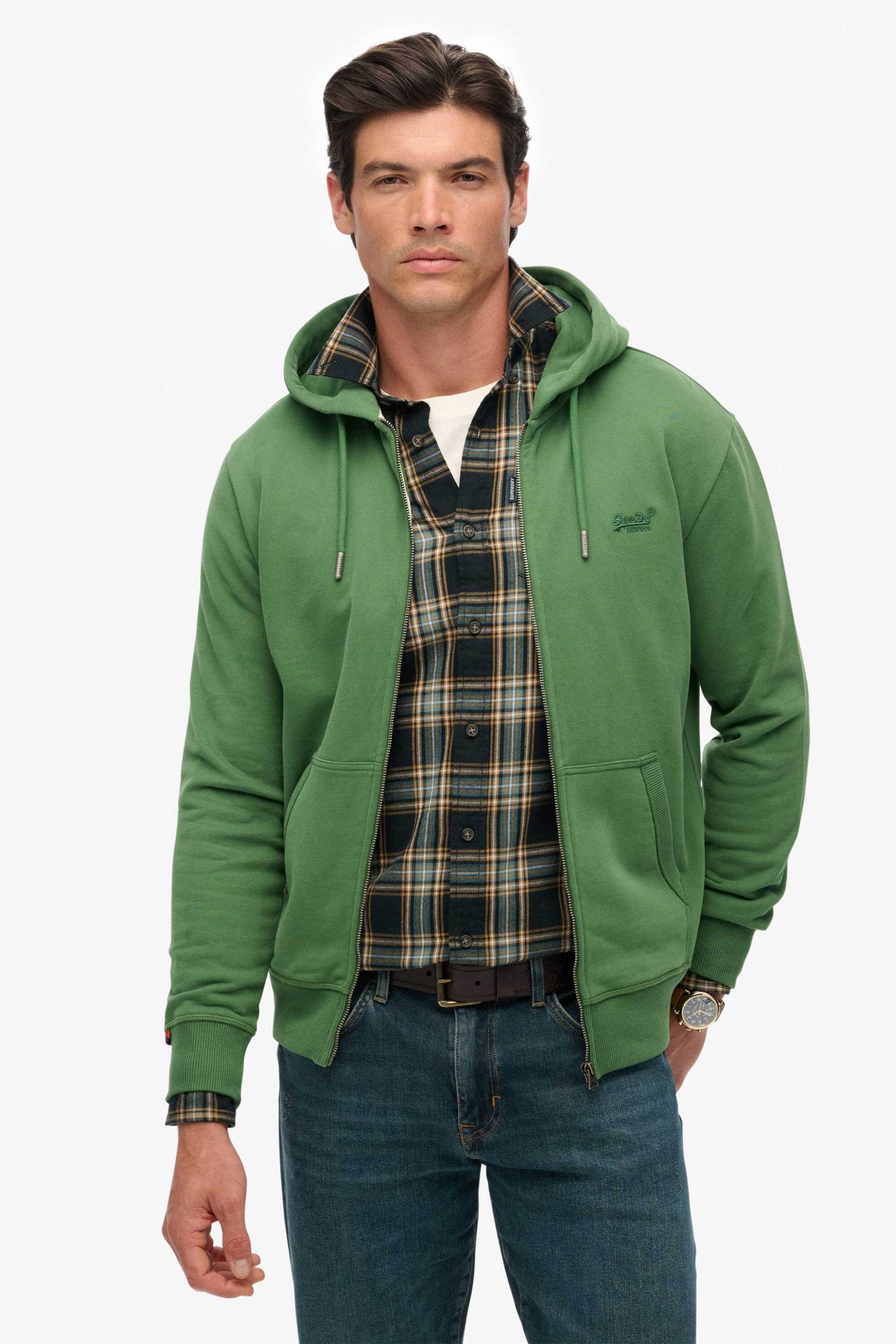Superdry ανδρική ζακέτα φούτερ με κουκούλα και κεντημένο λογότυπο Relaxed Fit "Essential" - M2014128A Πράσινο