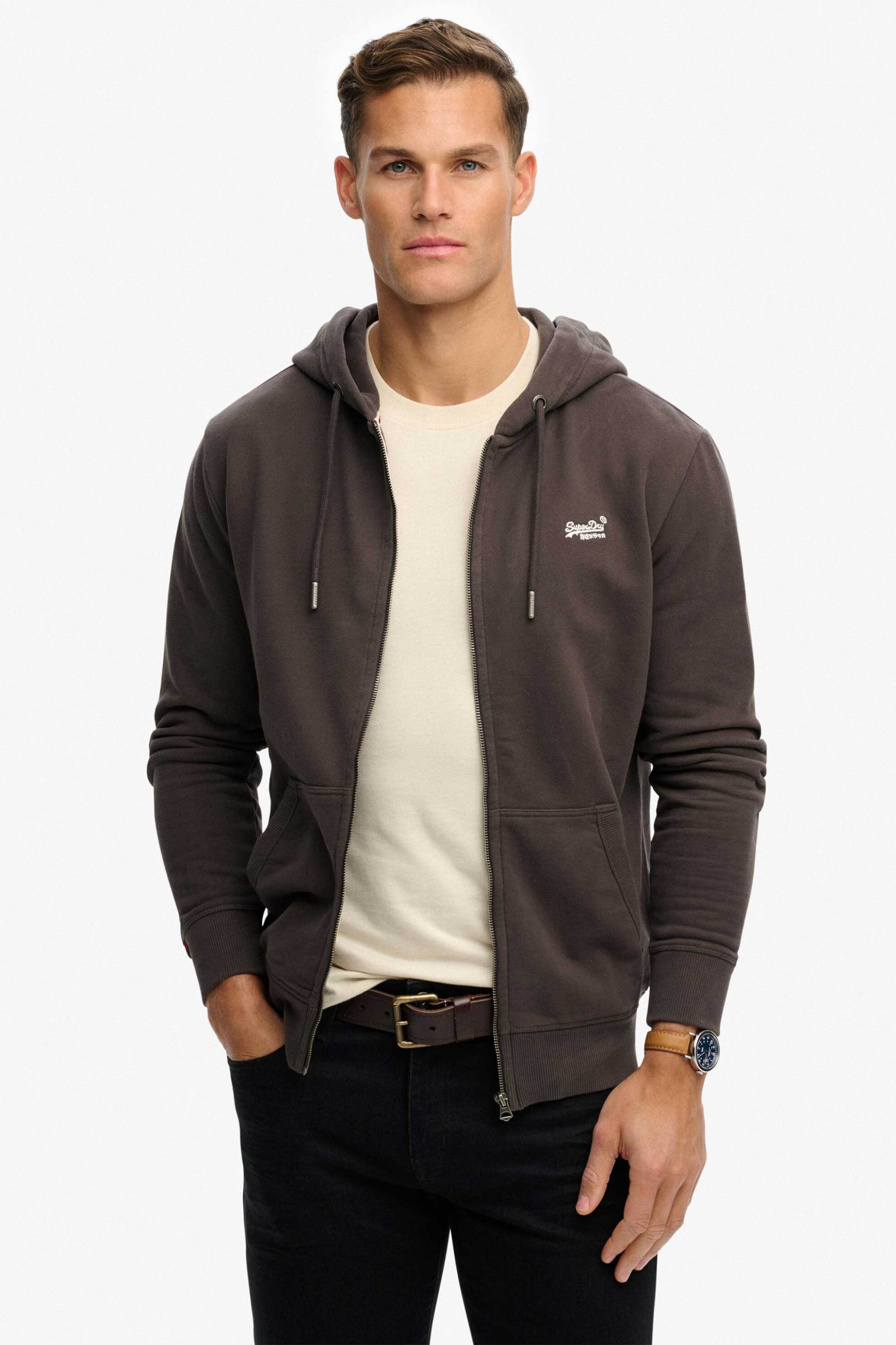 Superdry ανδρική ζακέτα φούτερ με κουκούλα και κεντημένο λογότυπο Relaxed Fit "Essential" - M2014128A Ανθρακί