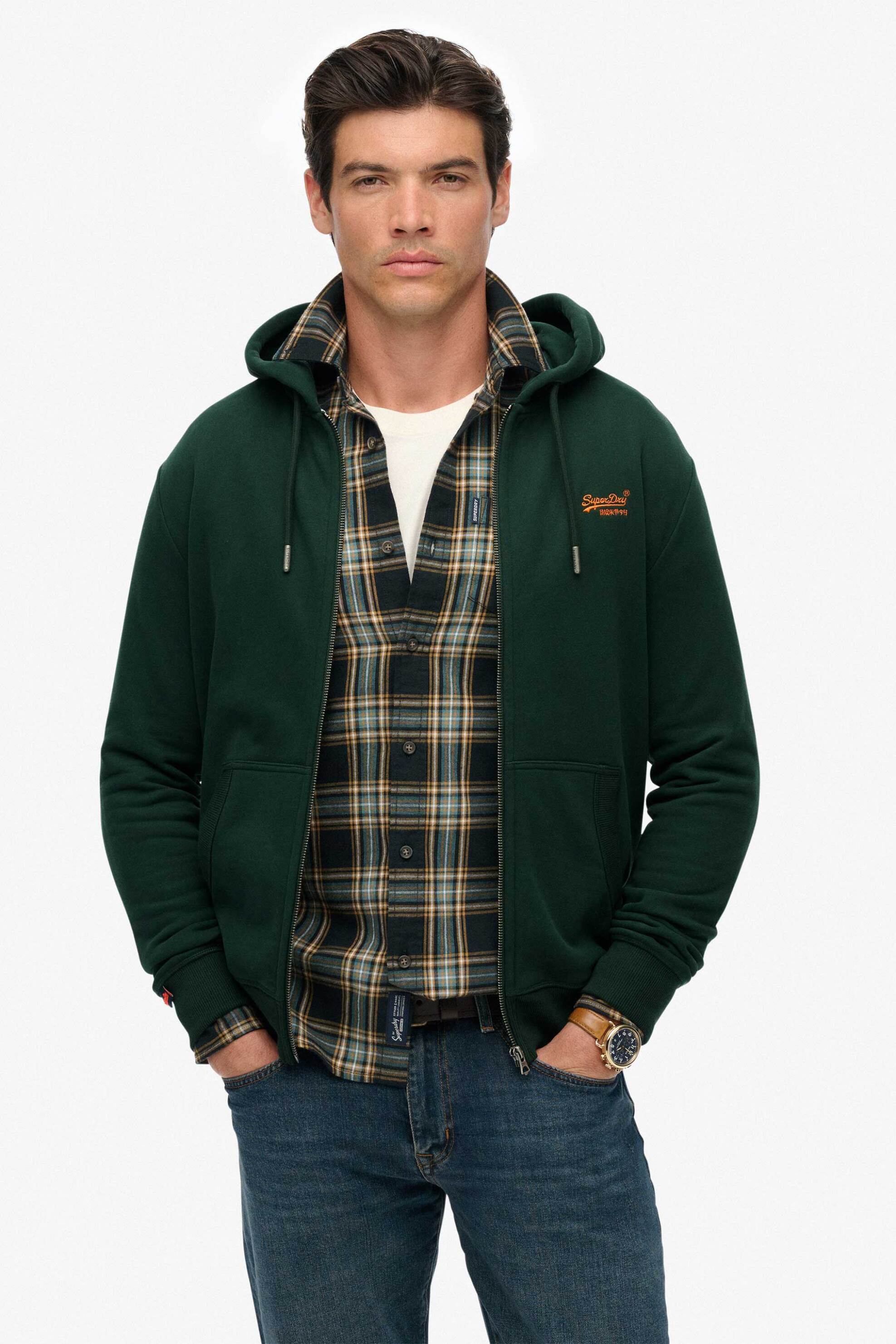 Superdry ανδρική ζακέτα φούτερ με κουκούλα και κεντημένο λογότυπο Relaxed Fit "Essential" - M2014128A Πράσινο Σκούρο