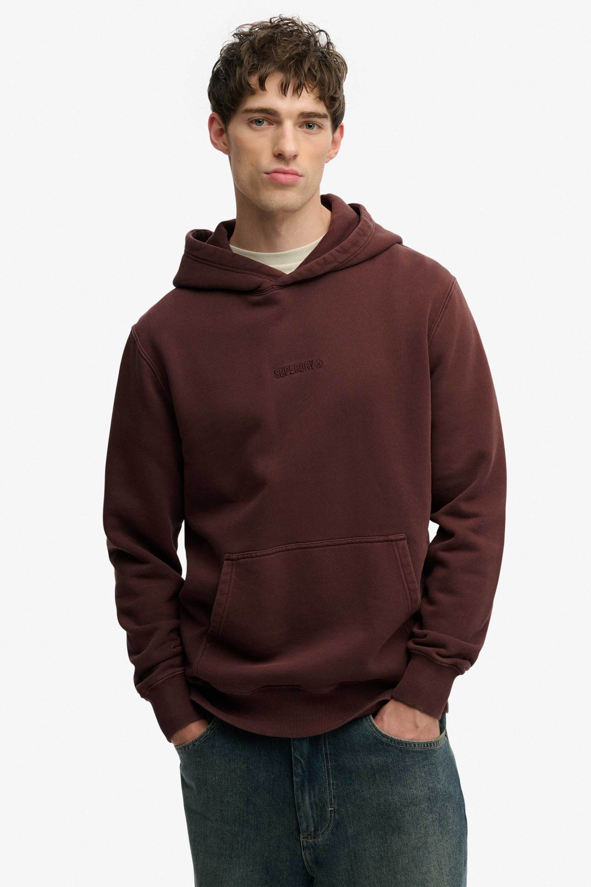 Superdry ανδρική μπλούζα φούτερ με κουκούλα και κεντημένο λογότυπο Loose Fit "Micro Logo" - M2014031A Καφέ Σκούρο