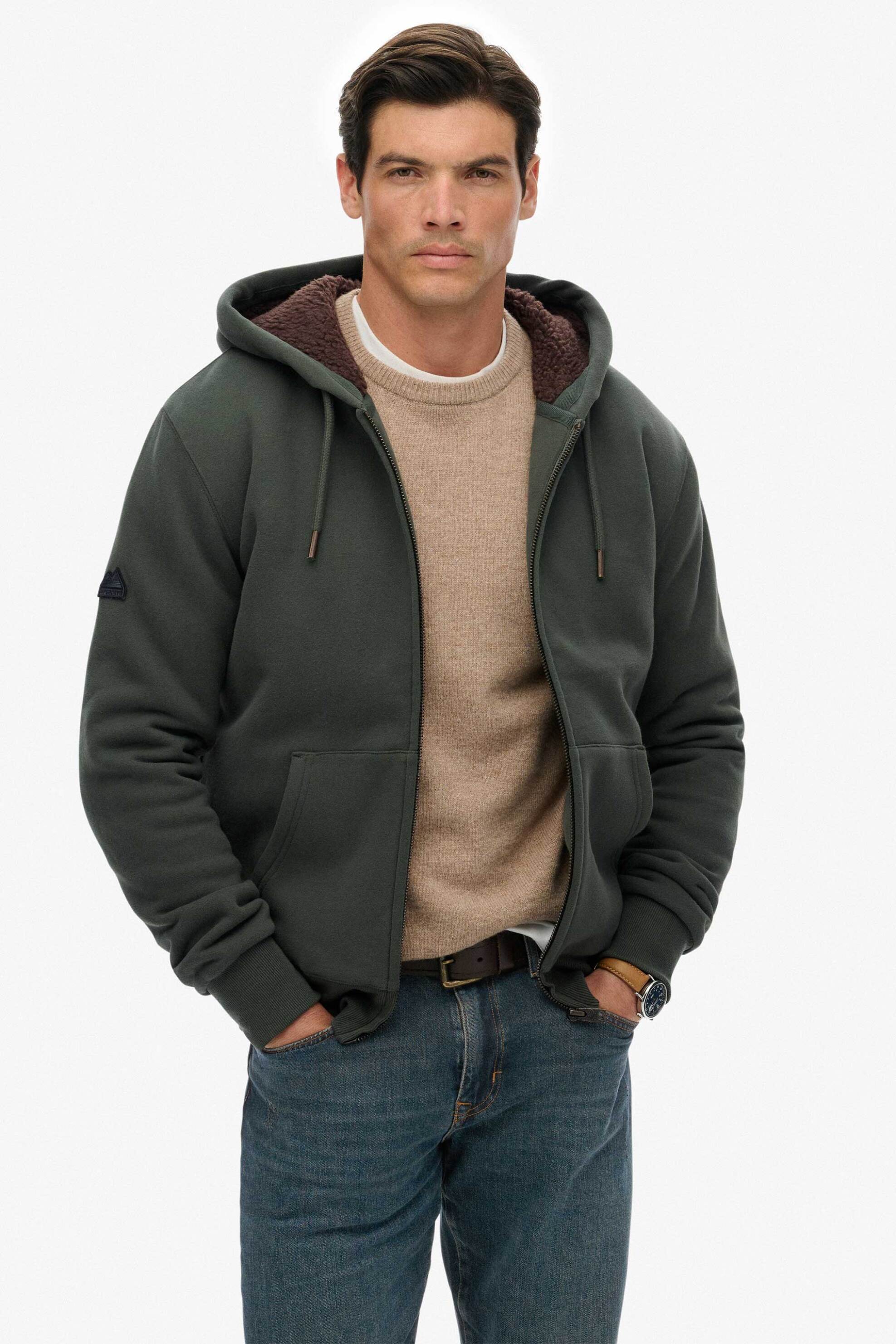 Superdry ανδρική ζακέτα φούτερ με κουκούλα Slim Fit "Borg Lined" - M2014502A Χακί