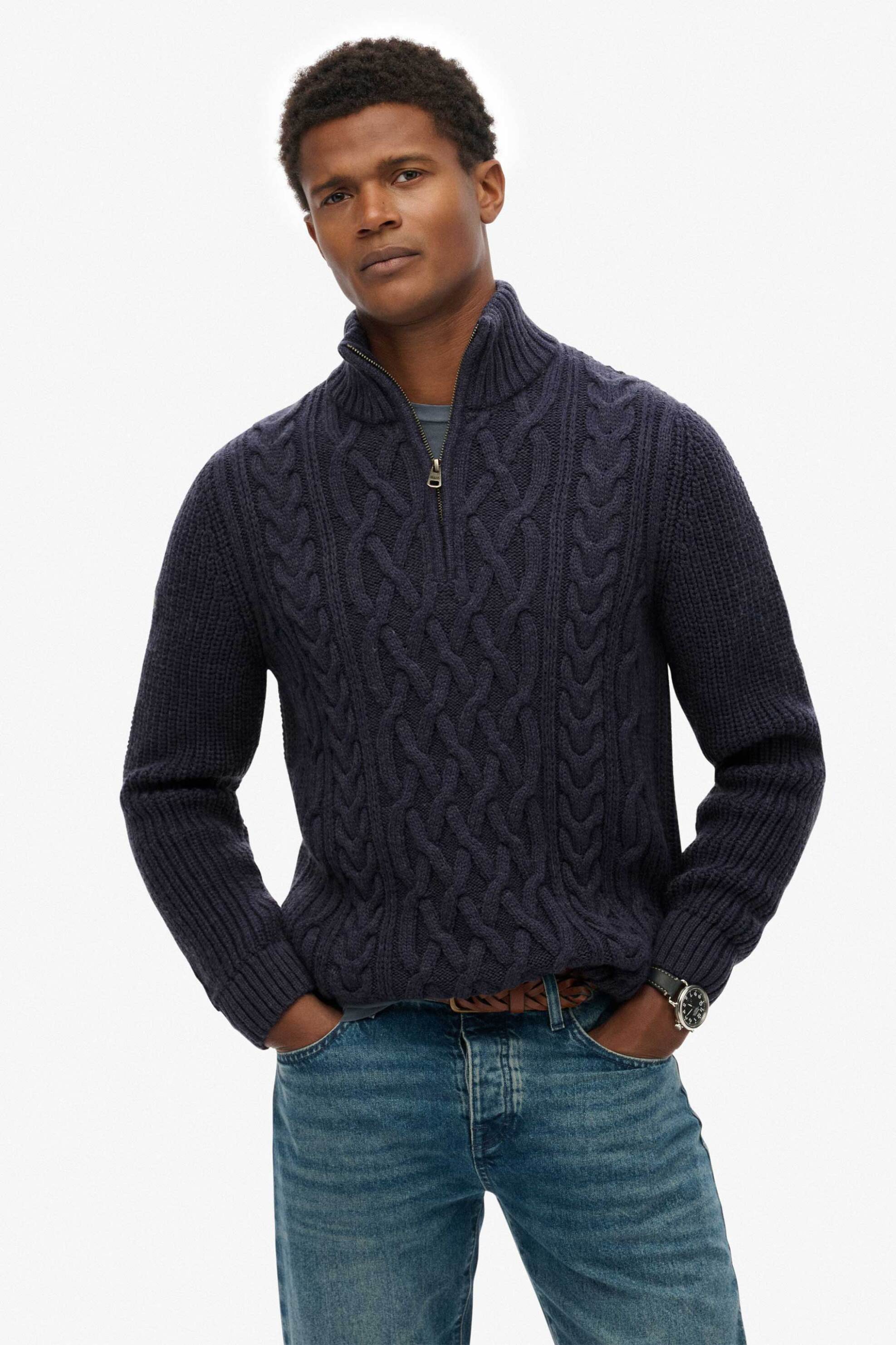 Superdry ανδρικό πουλόβερ με cable knit pattern και 1/2 φερμουάρ Slim Fit "Jacob" - M6110698A Μπλε Μοβ