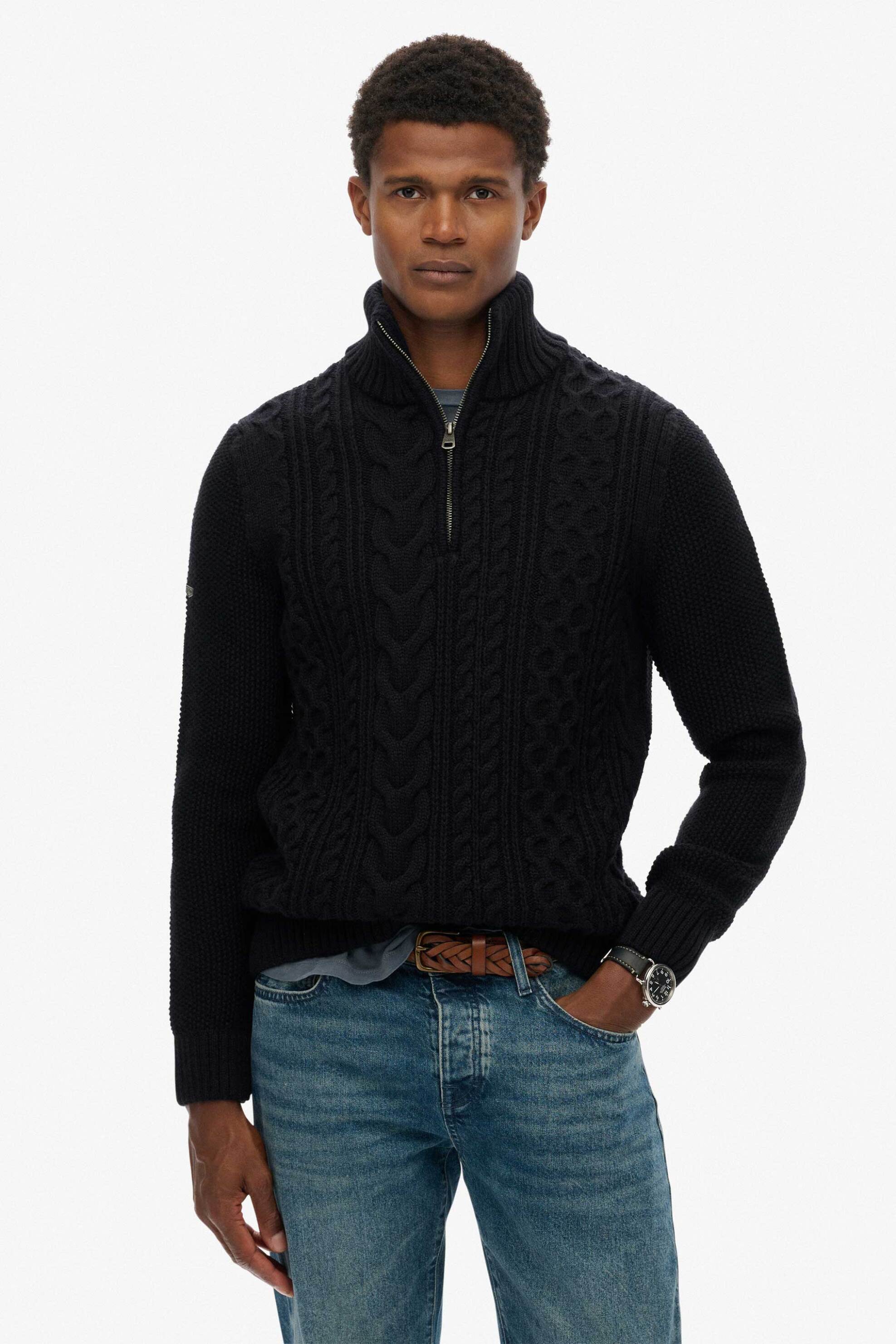 Superdry ανδρικό πουλόβερ με cable knit pattern και 1/2 φερμουάρ Slim Fit "Jacob" - M6110698A Μπλε Σκούρο