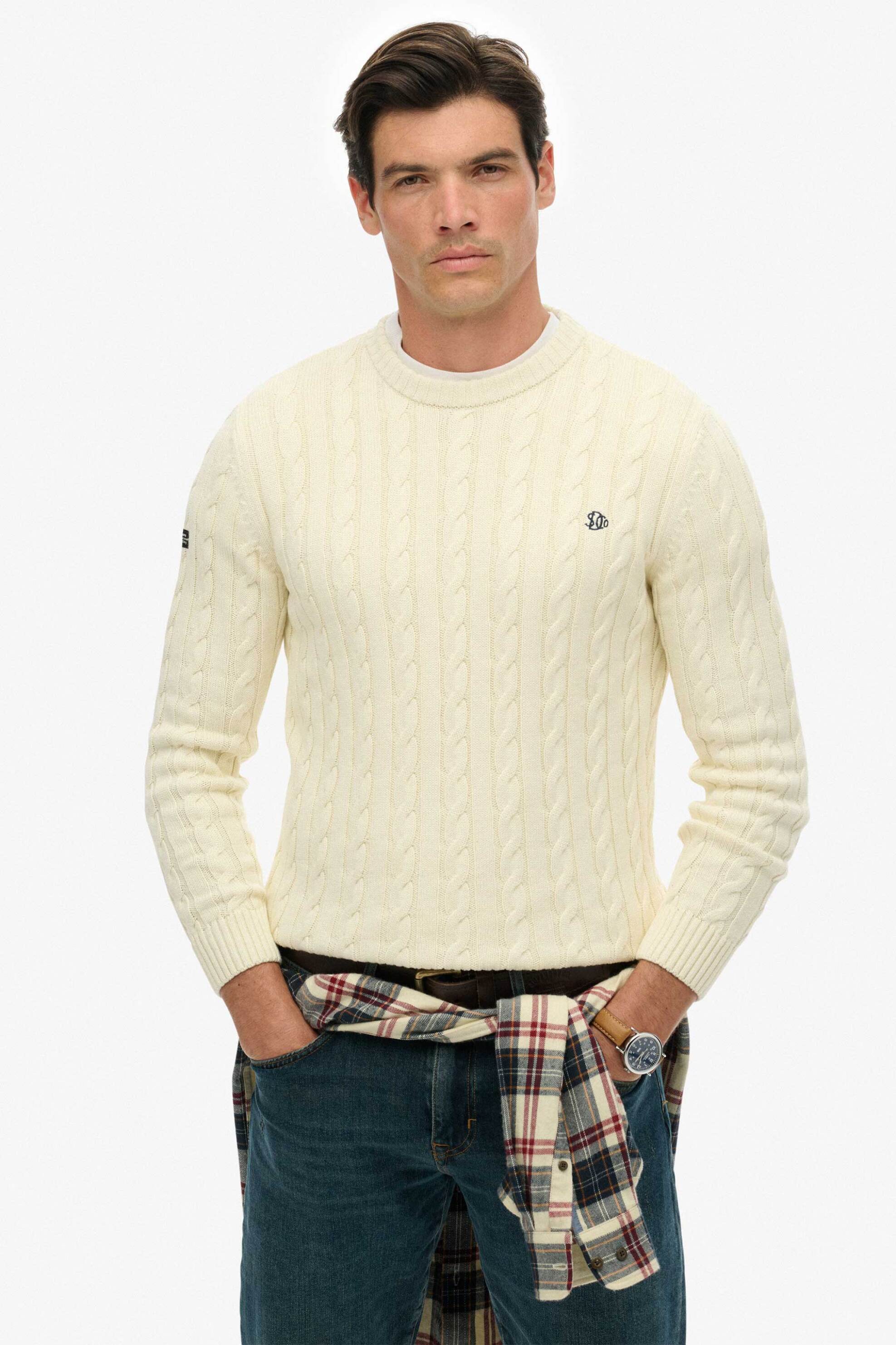 Superdry ανδρικό πουλόβερ με cable knit pattern και κεντημένο λογότυπο Relaxed Fit - M6110707A Εκρού