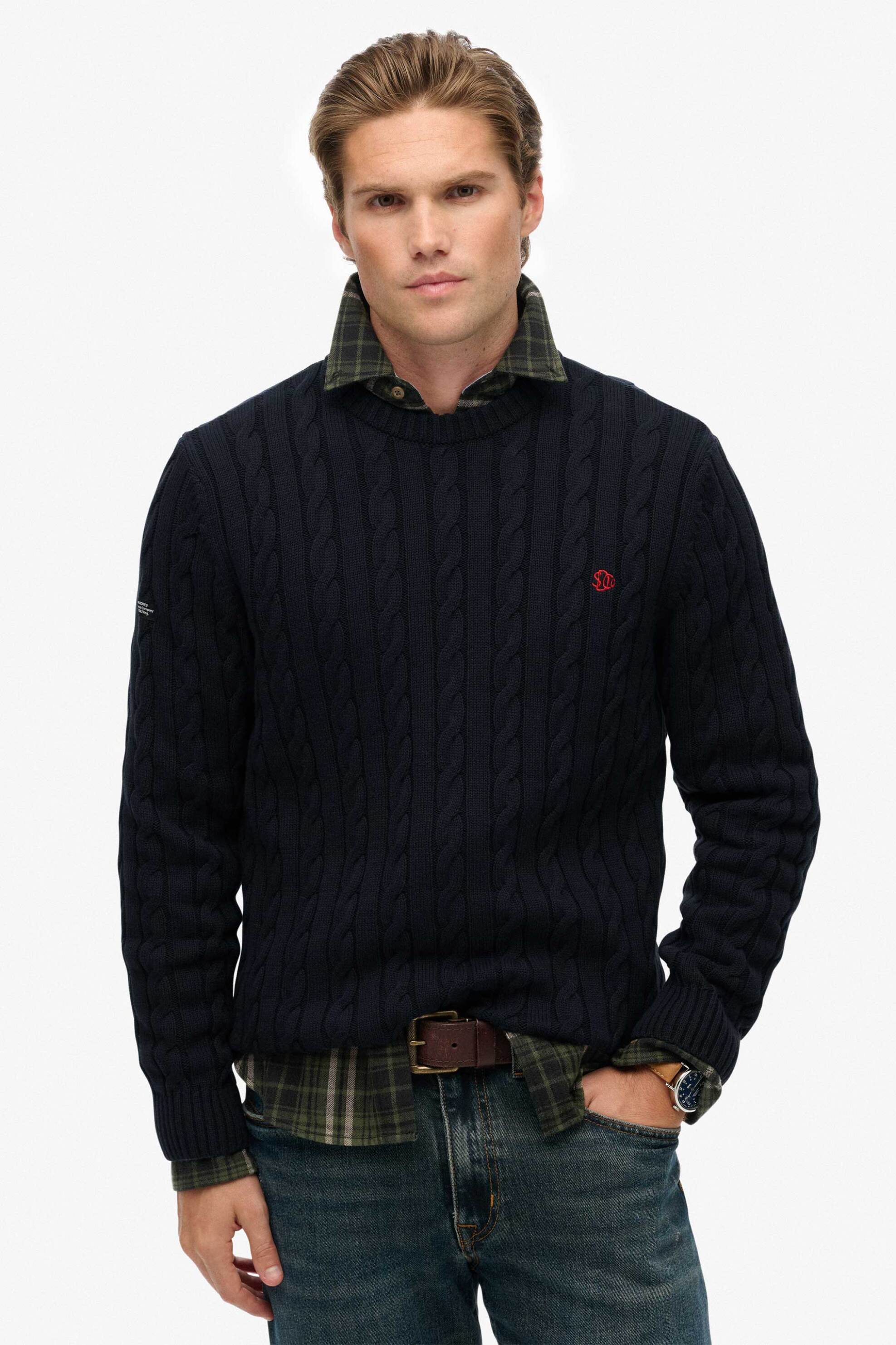 Superdry ανδρικό πουλόβερ με cable knit pattern και κεντημένο λογότυπο Relaxed Fit - M6110707A Μπλε Σκούρο