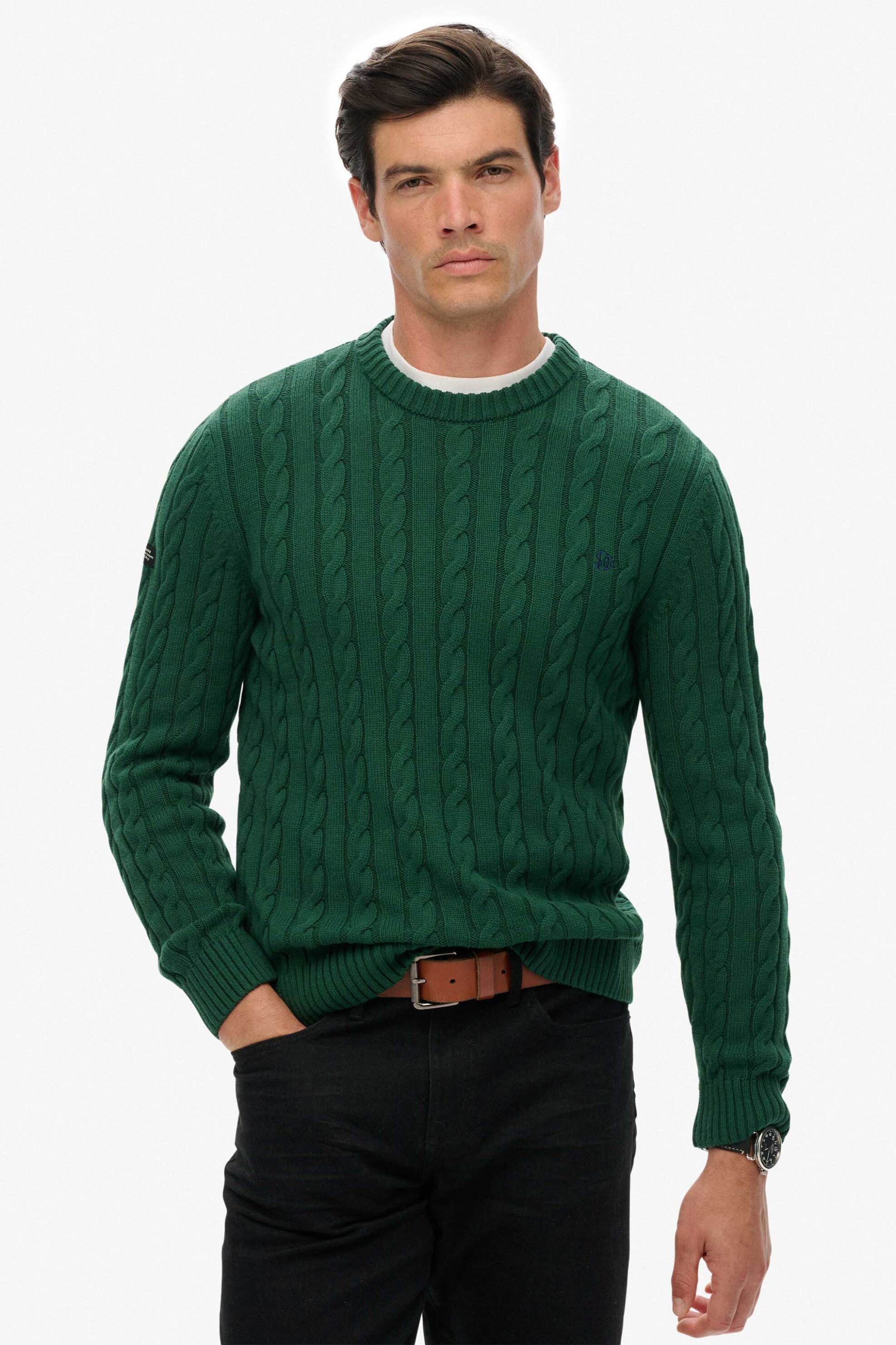 Superdry ανδρικό πουλόβερ με cable knit pattern και κεντημένο λογότυπο Relaxed Fit - M6110707A Πράσινο