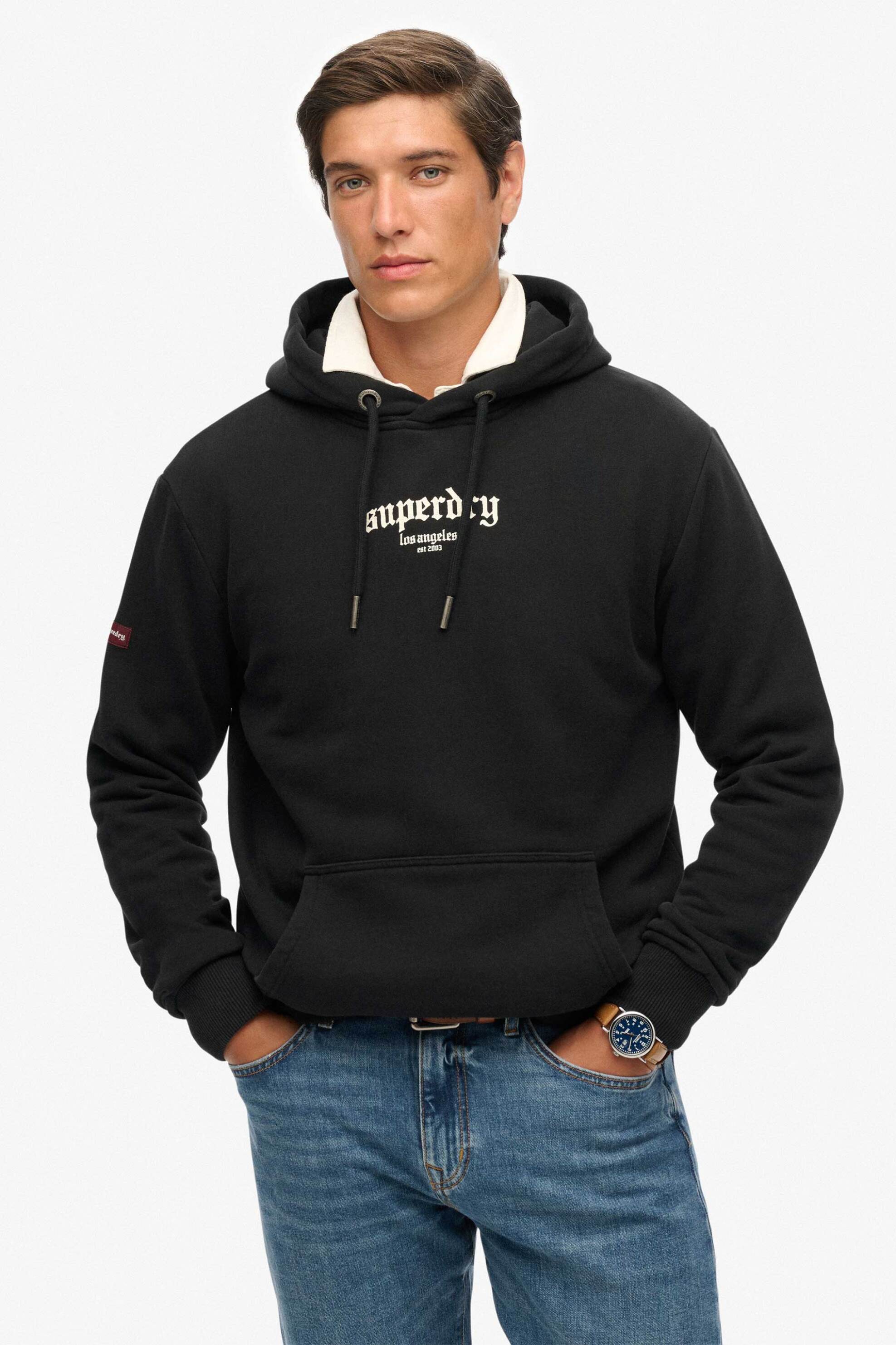 Superdry ανδρική μπλούζα φούτερ με κουκούλα και graphic print στο πίσω μέρος Loose Fit "Tattoo Flash" - M2014251A Μαύρο