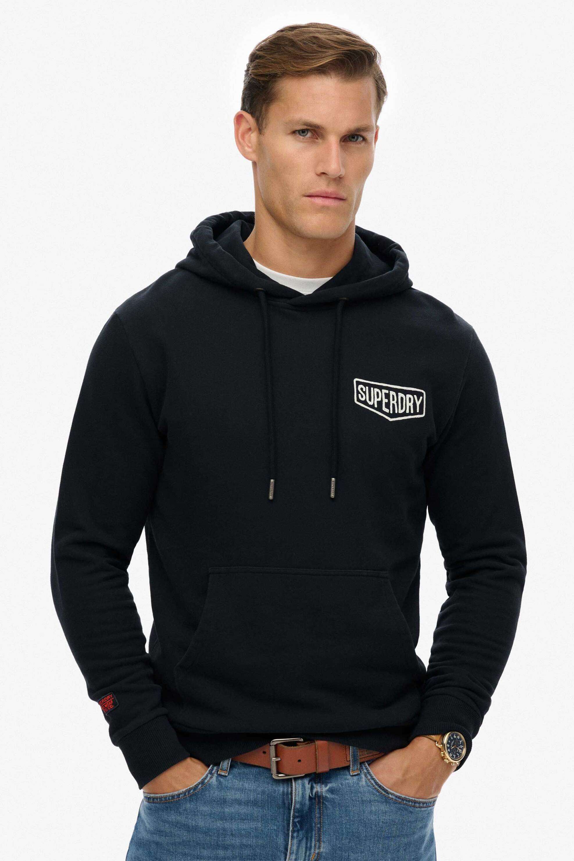 Superdry ανδρική μπλούζα φούτερ με κουκούλα και λογότυπο Loose Fit "Work Tab" - M2014295A Μαύρο