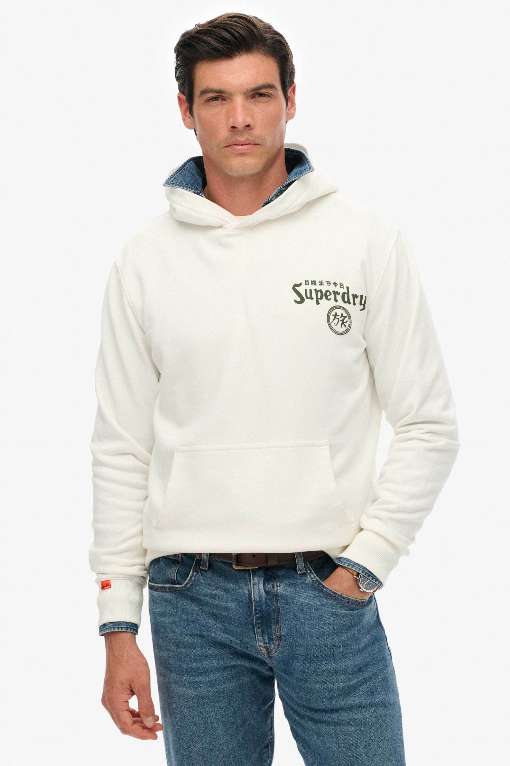 Superdry ανδρική μπλούζα φούτερ με κουκούλα και graphic print στο πίσω μέρος Loose Fit "Tokyo Narrative" - M2014390A Λευκό