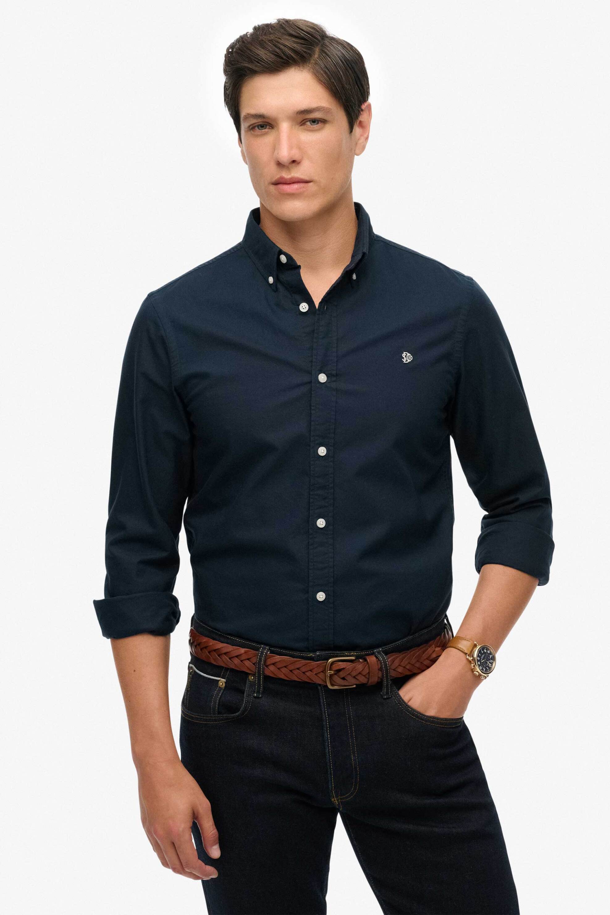 Superdry ανδρικό πουκάμισο button down με κεντημένο λογότυπο Relaxed Fit "Classic Oxford" - M4011037A Μπλε Σκούρο