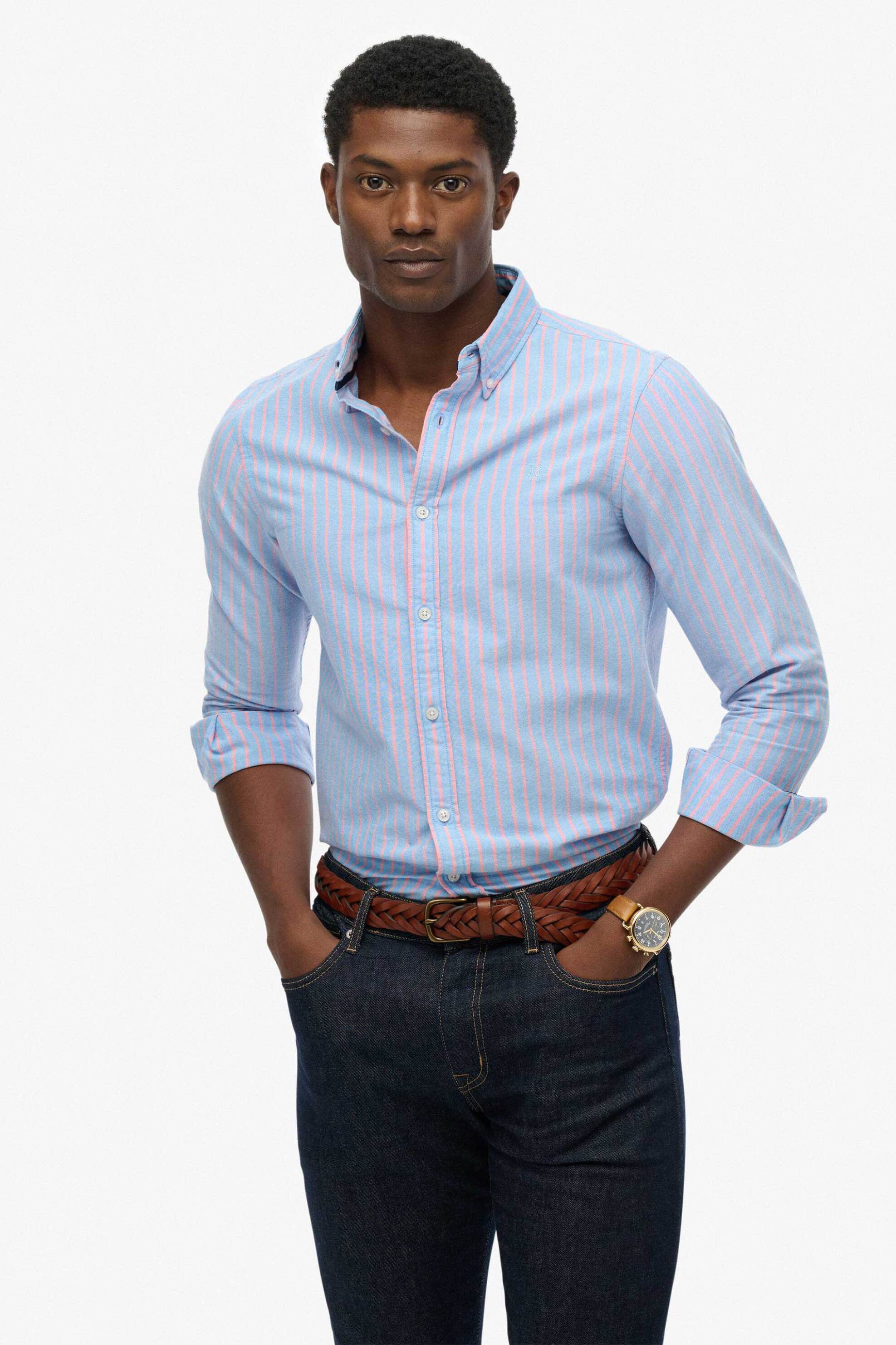 Superdry ανδρικό πουκάμισο button down με κεντημένο λογότυπο Relaxed Fit "Classic Oxford" - M4011037A Μπλε Ανοιχτό