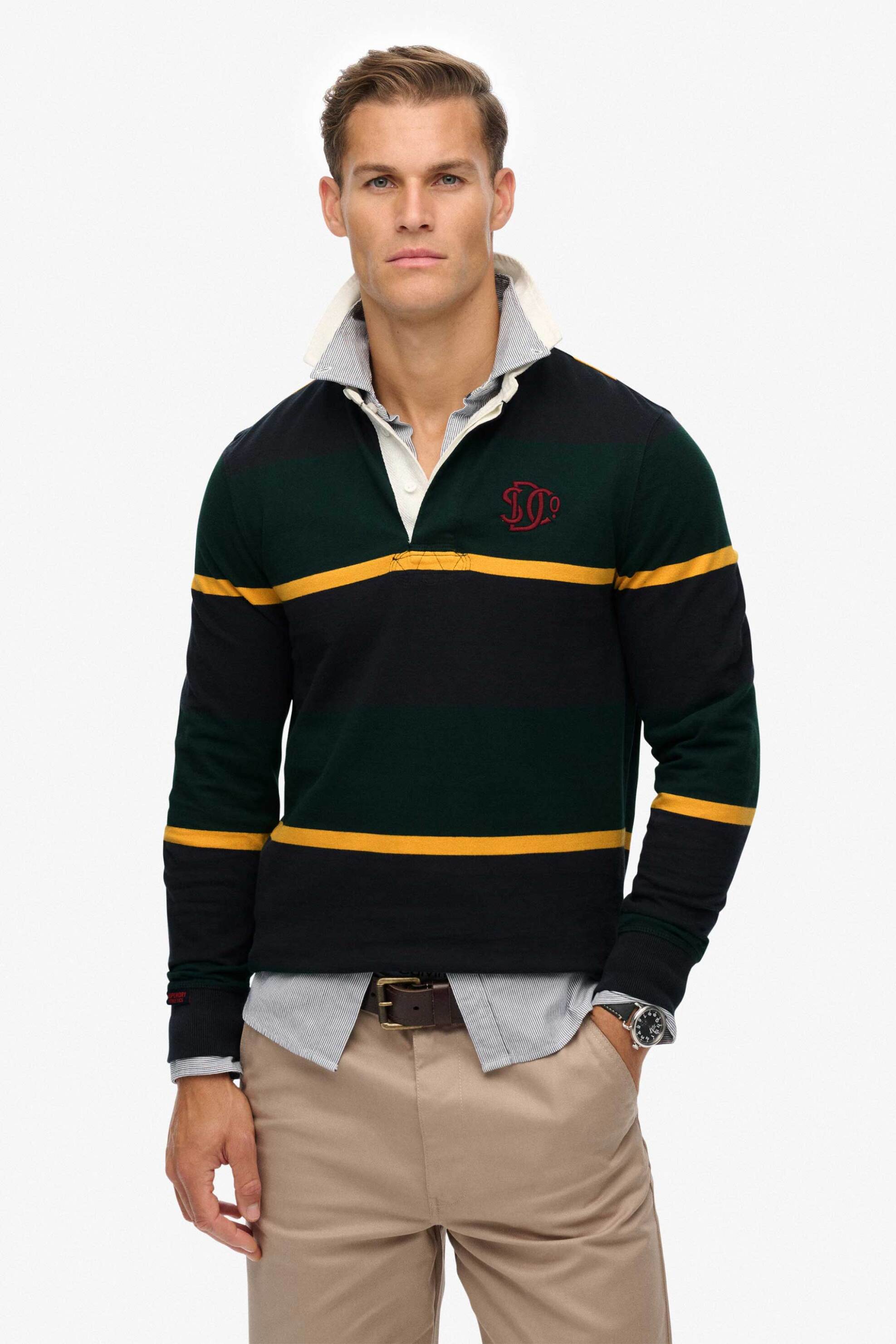 Superdry ανδρική πόλο μπλούζα με ριγέ σχέδιο με κεντημένο λογότυπο Relaxed Fit "Vintage Athletic" - M6010909A Πράσινο Σκούρο