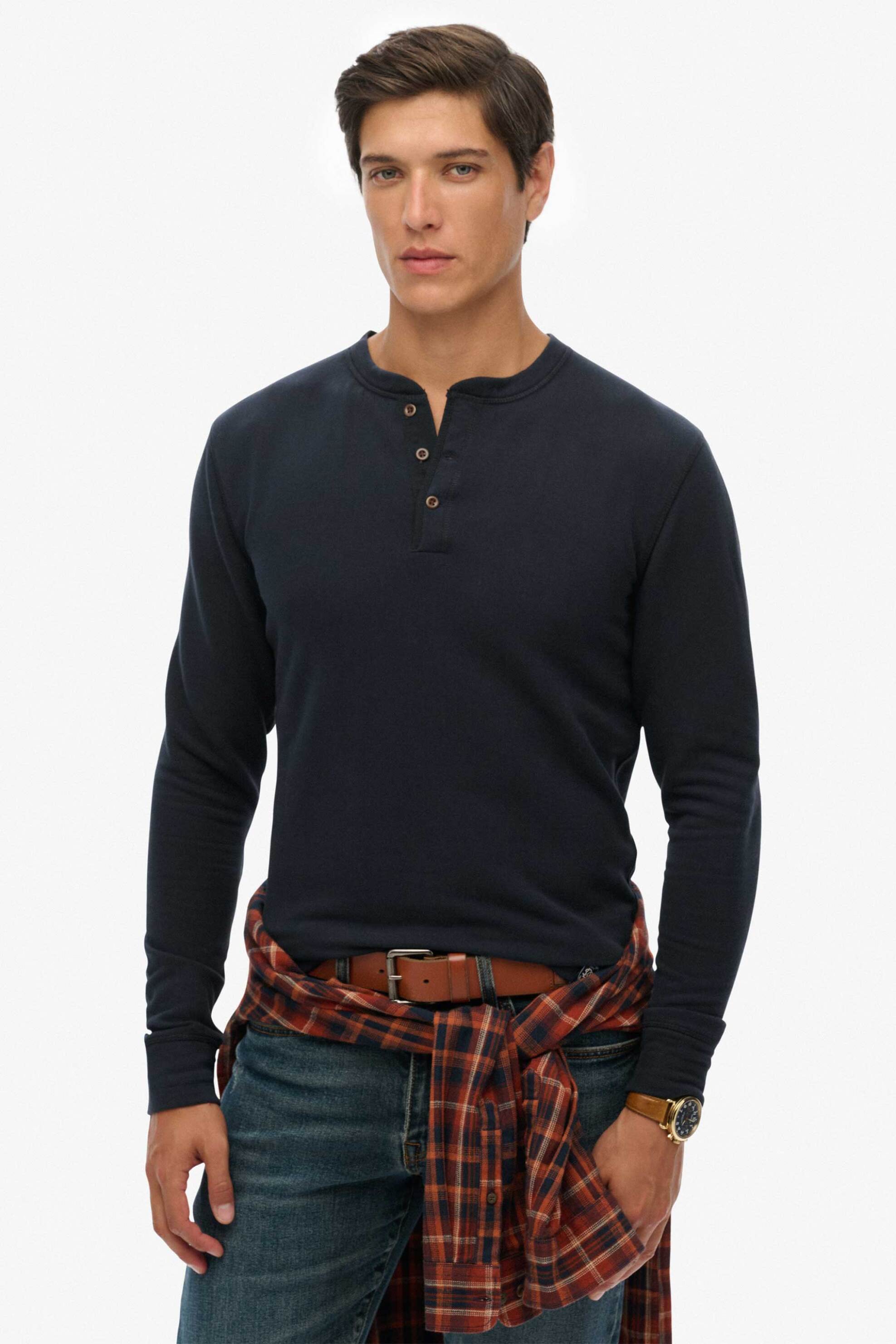 Superdry ανδρική μακρυμάνικη μπλούζα henley Relaxed Fit "The Merchant Store" - M6010903A Μπλε Σκούρο