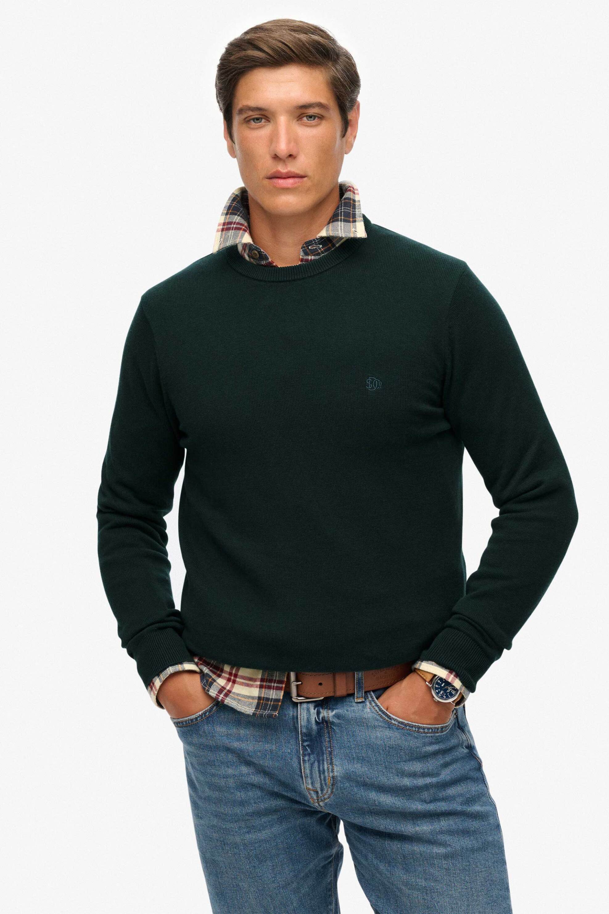 Superdry ανδρικό πουλόβερ με κεντημένο λογότυπο Relaxed Fit "Essentials" - M6110691A Πράσινο Σκούρο