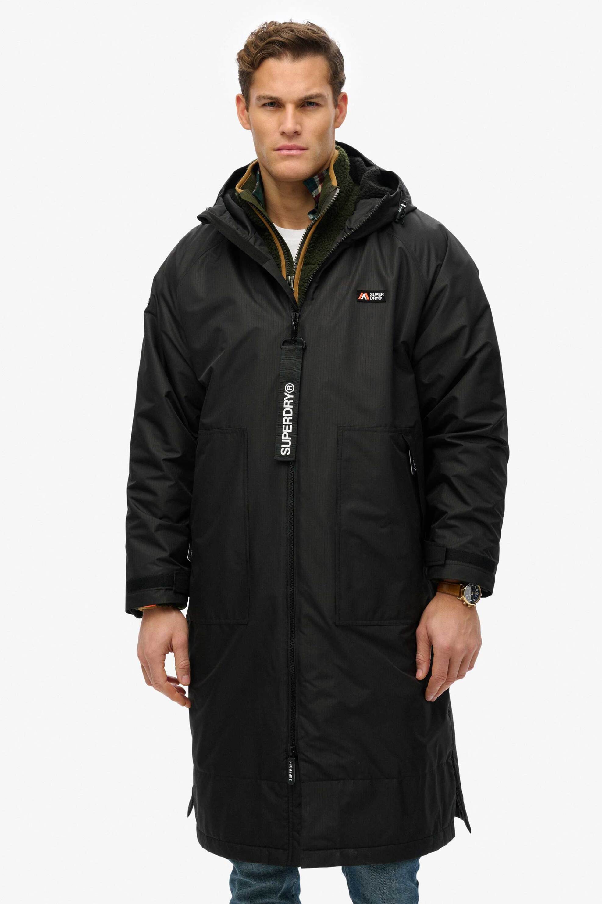 Superdry ανδρικό μακρύ αδιάβροχο μπουφάν με κουκούλα και λογότυπο Boxy Fit "Superdry Robe" - M5012282A Μαύρο