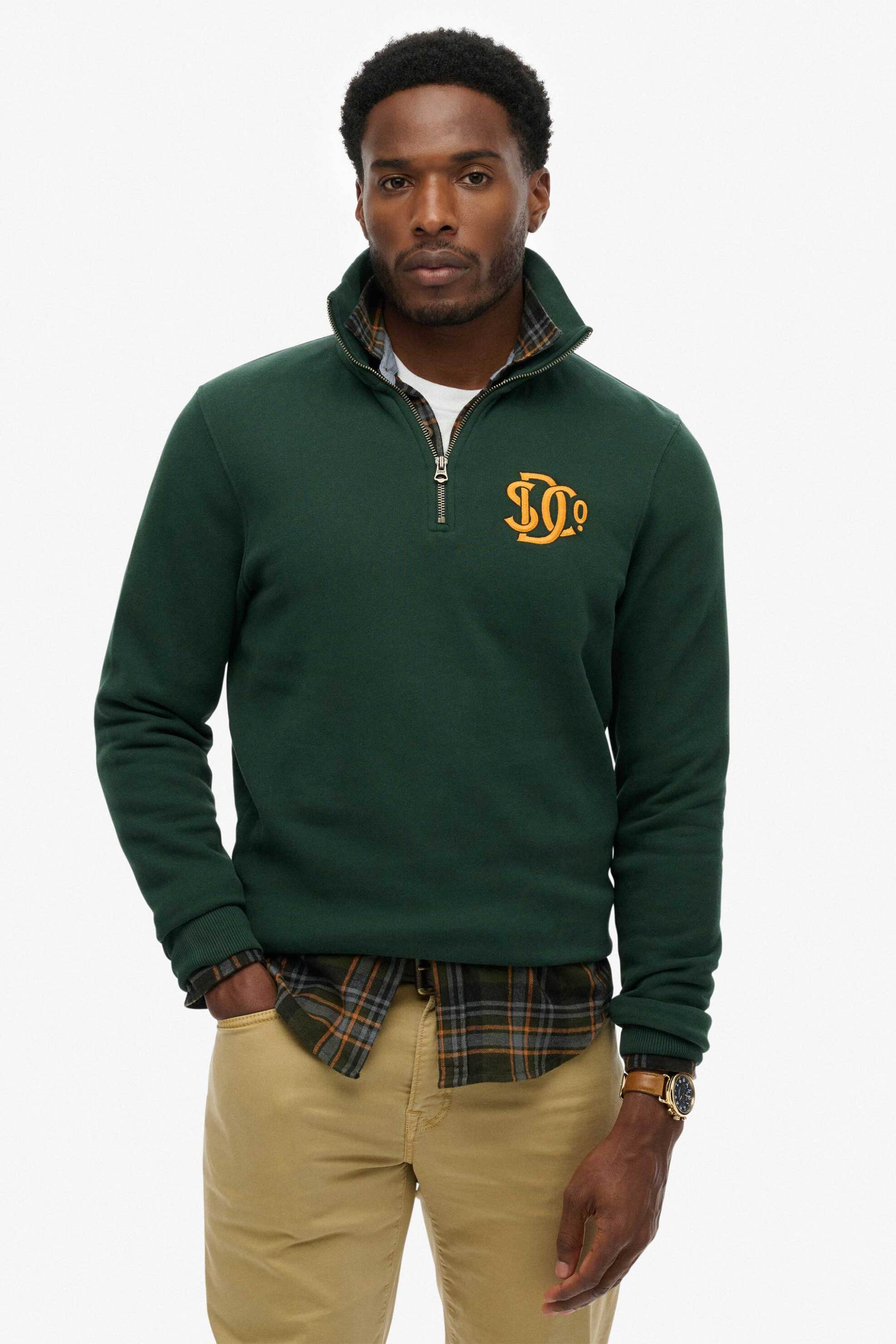 Superdry ανδρική μπλούζα φούτερ με κεντημένο λογότυπο και φερμουάρ 1/2 Relaxed Fit "Neon" - M2014475A Πράσινο Σκούρο