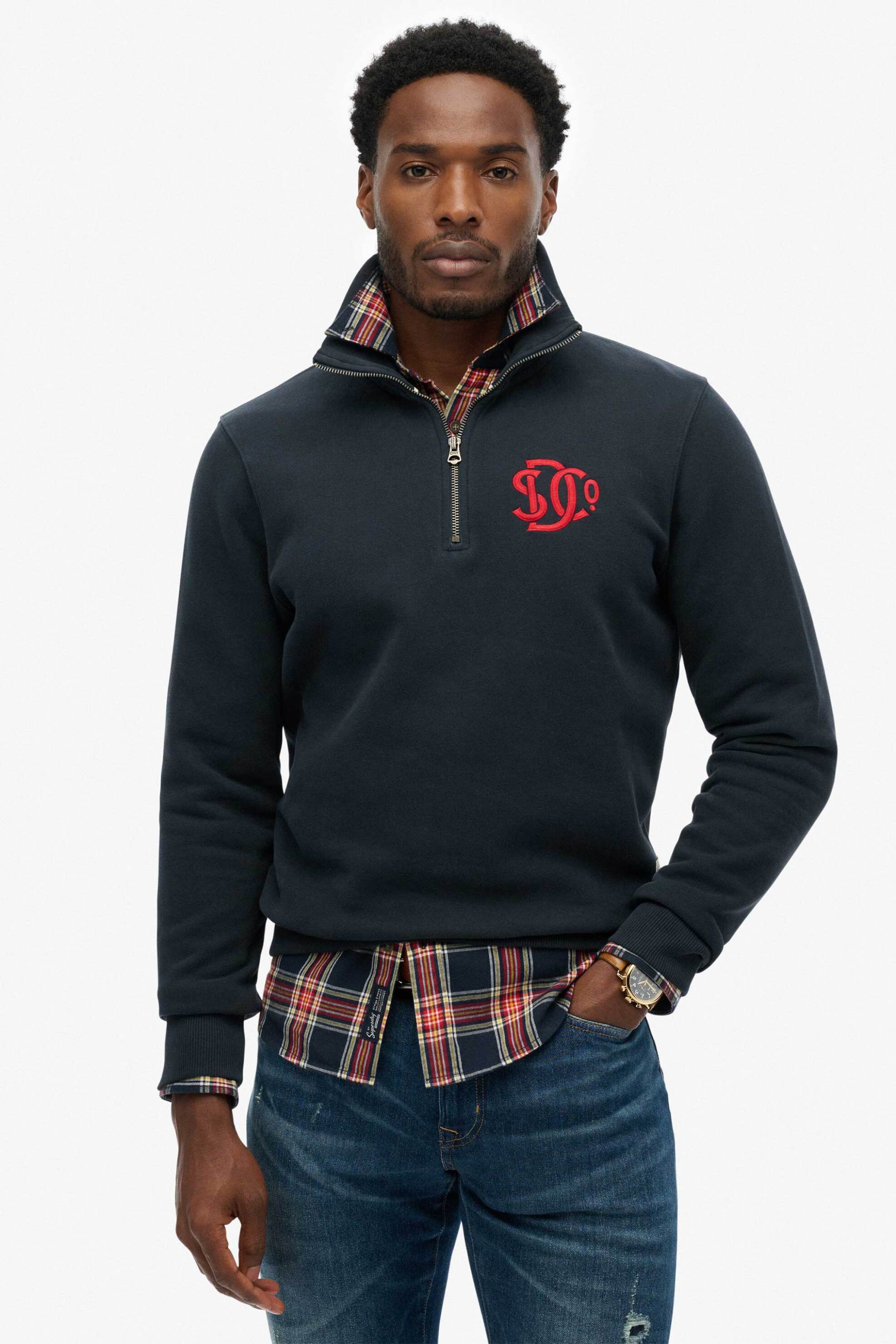 Superdry ανδρική μπλούζα φούτερ με κεντημένο λογότυπο και φερμουάρ 1/2 Relaxed Fit "Neon" - M2014475A Μπλε Σκούρο