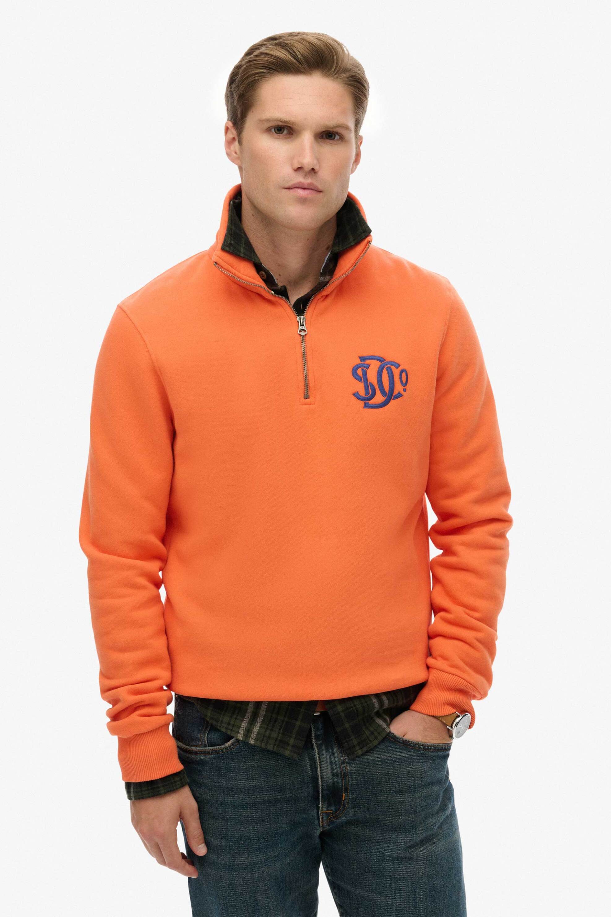 Superdry ανδρική μπλούζα φούτερ με κεντημένο λογότυπο και φερμουάρ 1/2 Relaxed Fit "Neon" - M2014475A Πορτοκαλί