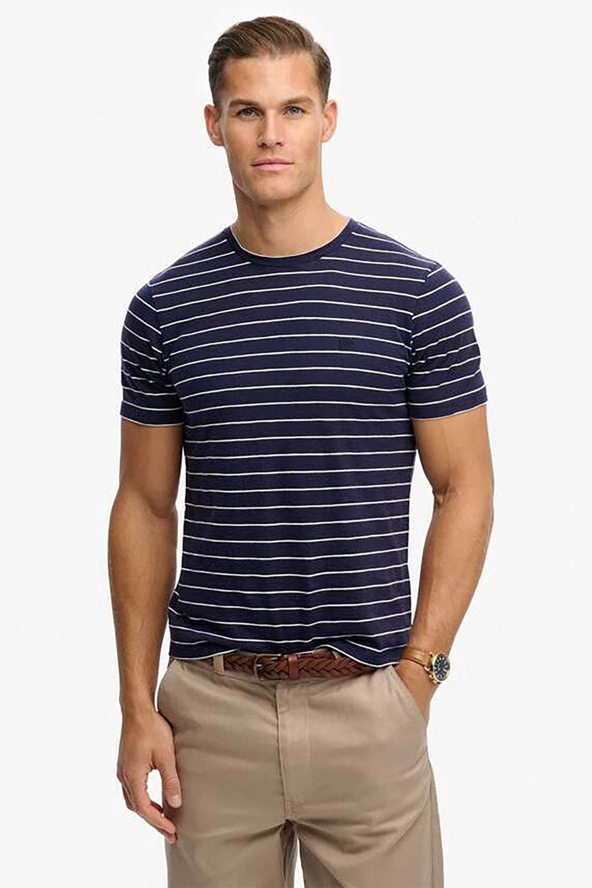 Superdry ανδρικό T-shirt με ριγέ σχέδιο και κεντημένο λογότυπο Relaxed Fit “Classic Essential” – M1012346A Μπλε Σκούρο