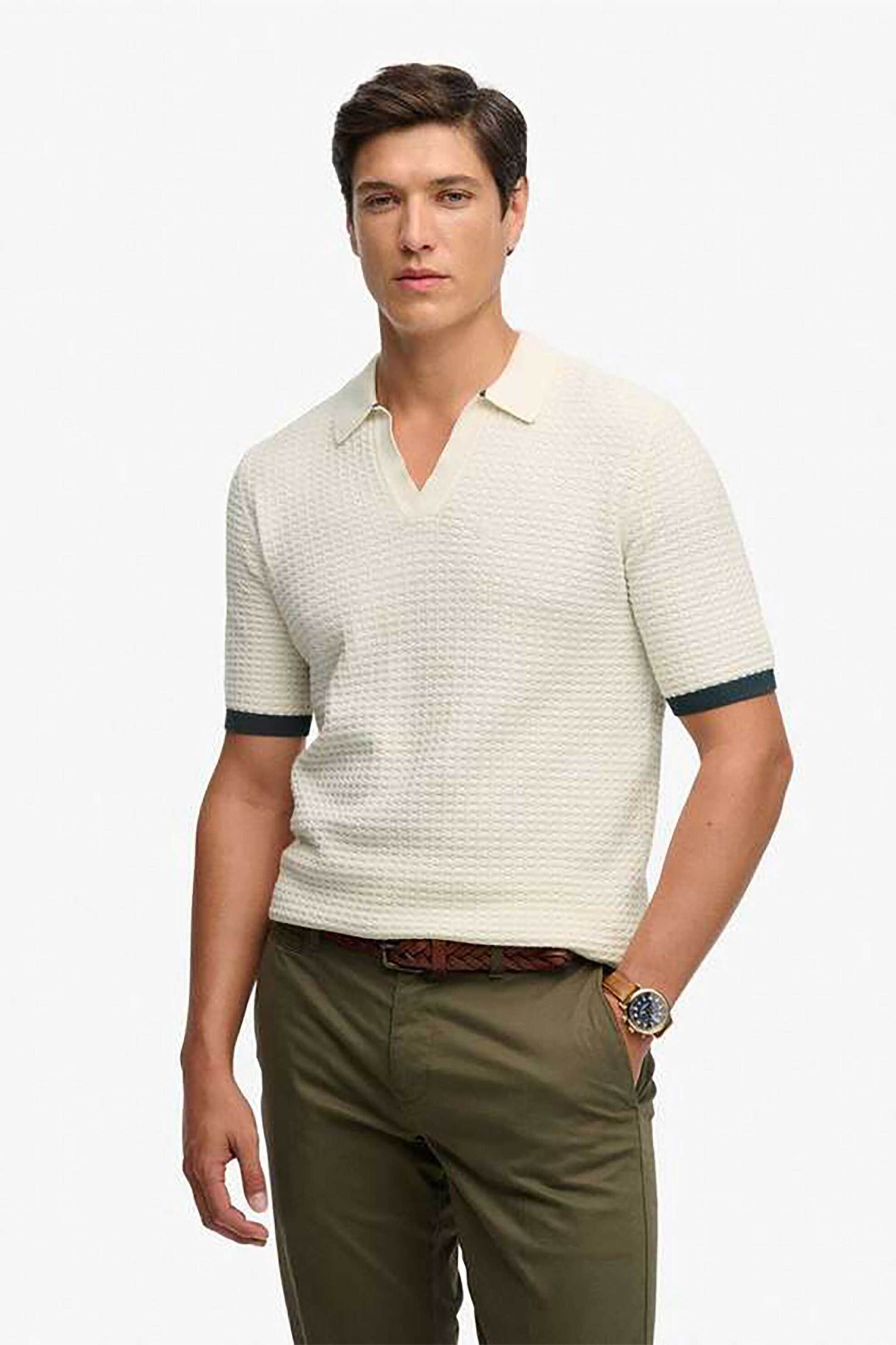 Superdry ανδρική πλεκτή μπλούζα πόλο textured με κεντημένο λογότυπο Relaxed Fit "Johnny Collar" - M1110459A Κρέμ