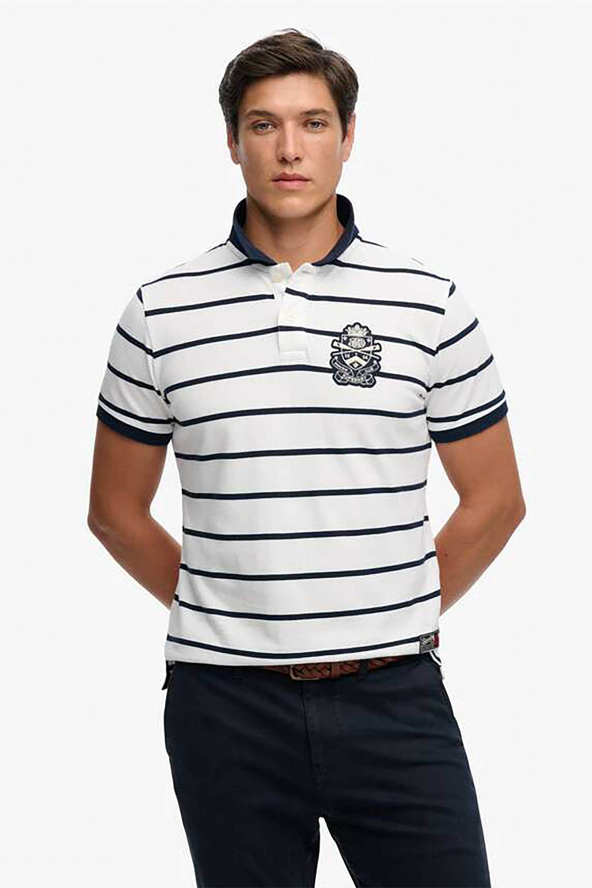 Superdry ανδρική μπλούζα πόλο με ριγέ σχέδιο και κεντημένο badge Relaxed Fit "Crest Stripe" - M1110467A Λευκό - Μπλε