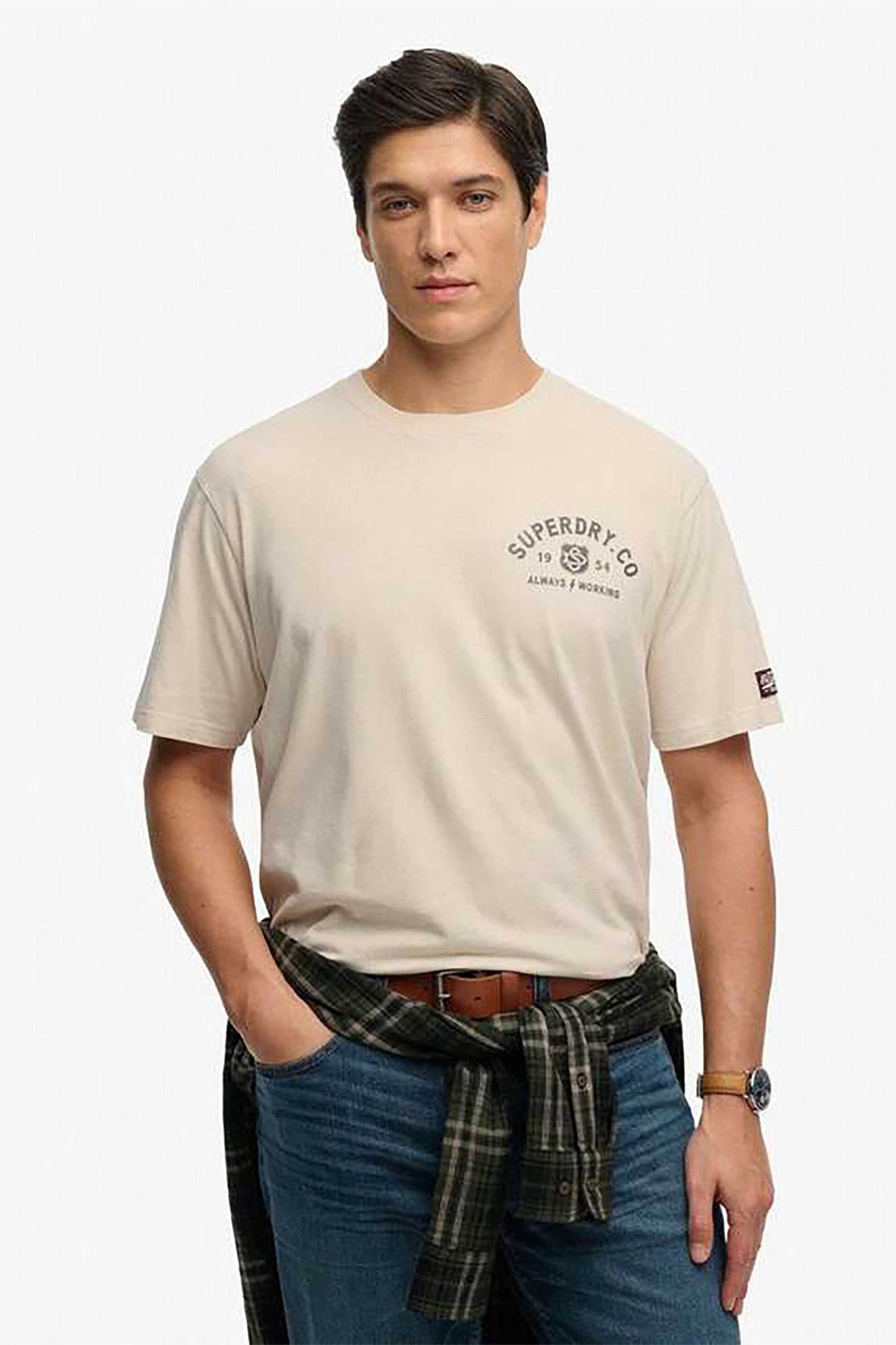 Superdry ανδρικό T-shirt με print Loose Fit “Heritage Biker” – M1012350A Εκρού