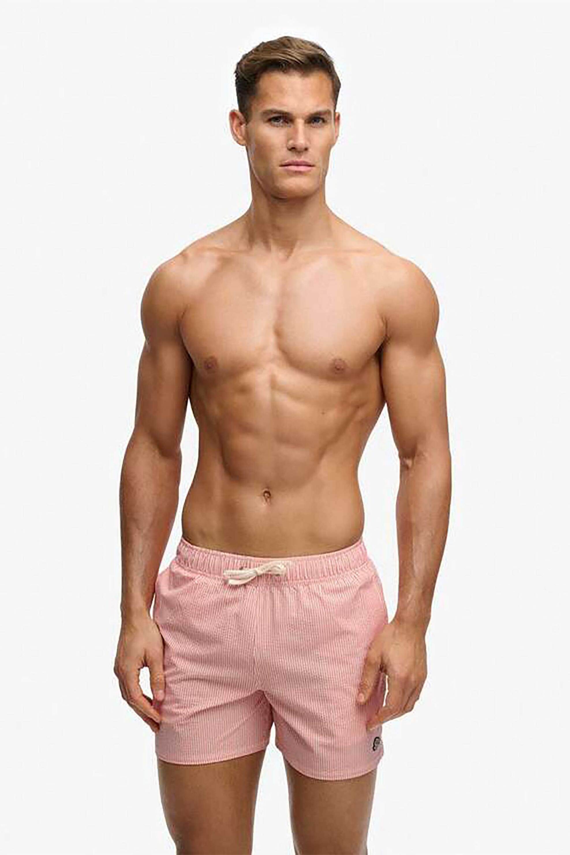 Superdry ανδρικό μαγιό σορτς 15" με ριγέ σχέδιο και κεντημένο λογότυπο Relaxed Fit "Seer Sucker" - M3010261A Ροζ