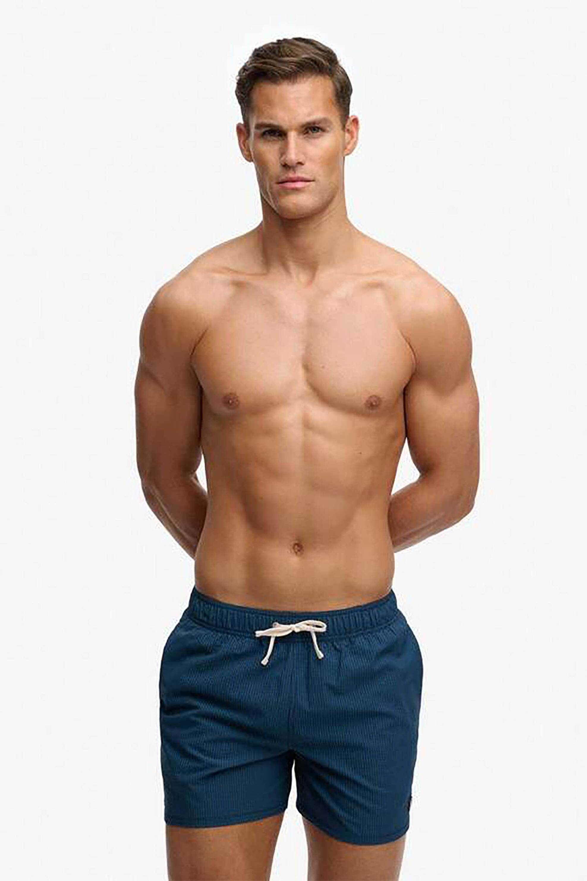 Superdry ανδρικό μαγιό σορτς 15" με ριγέ σχέδιο και κεντημένο λογότυπο Relaxed Fit "Seer Sucker" - M3010261A Μπλε Σκούρο