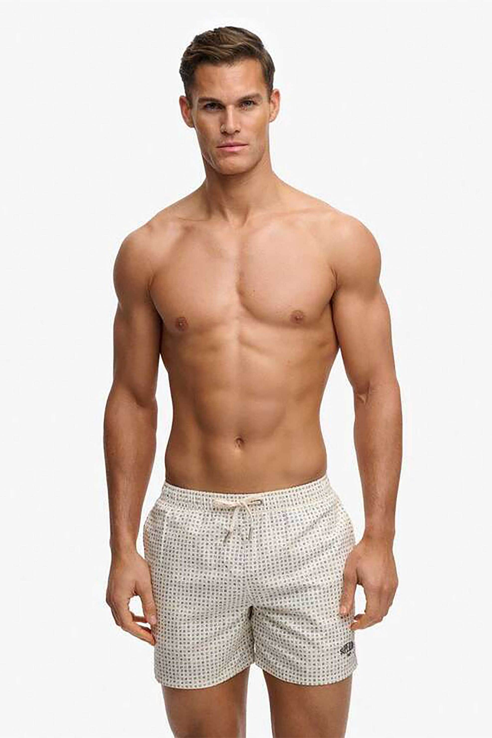 Superdry ανδρικό μαγιό σορτς 15" με all-over print και κεντημένο λογότυπο Relaxed Fit "Premium Printed" - M3010262A Λευκό