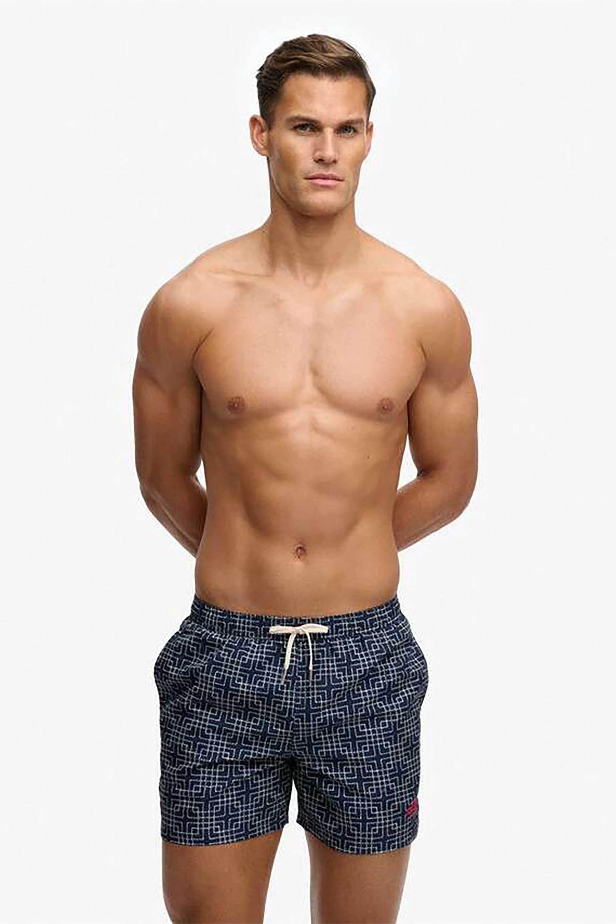 Superdry ανδρικό μαγιό σορτς 15" με all-over print και κεντημένο λογότυπο Relaxed Fit "Premium Printed" - M3010262A Μπλε Navy
