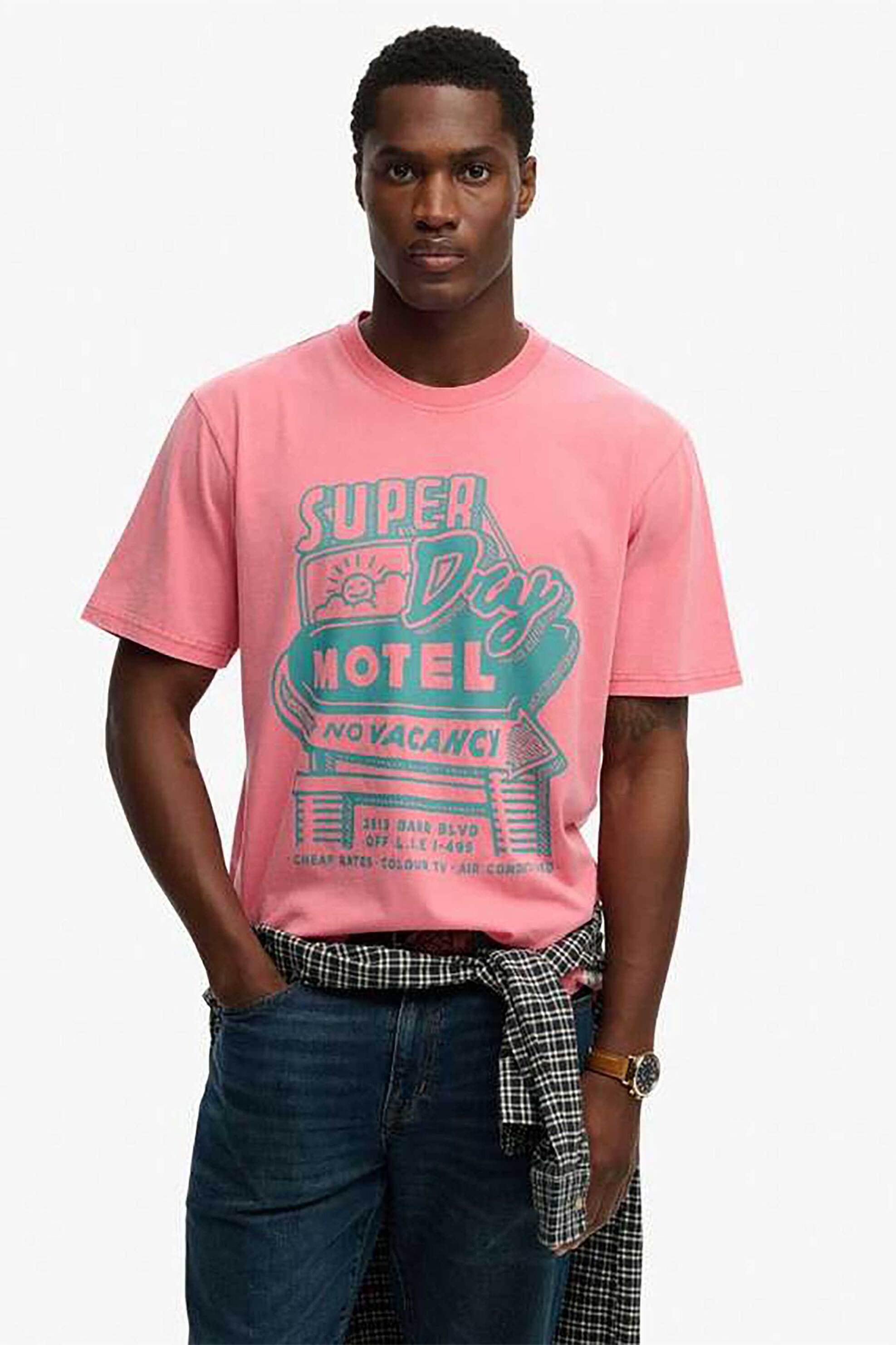 Superdry ανδρικό T-shirt με print Loose Fit “Roadside Trade” – M1012360A Ροζ