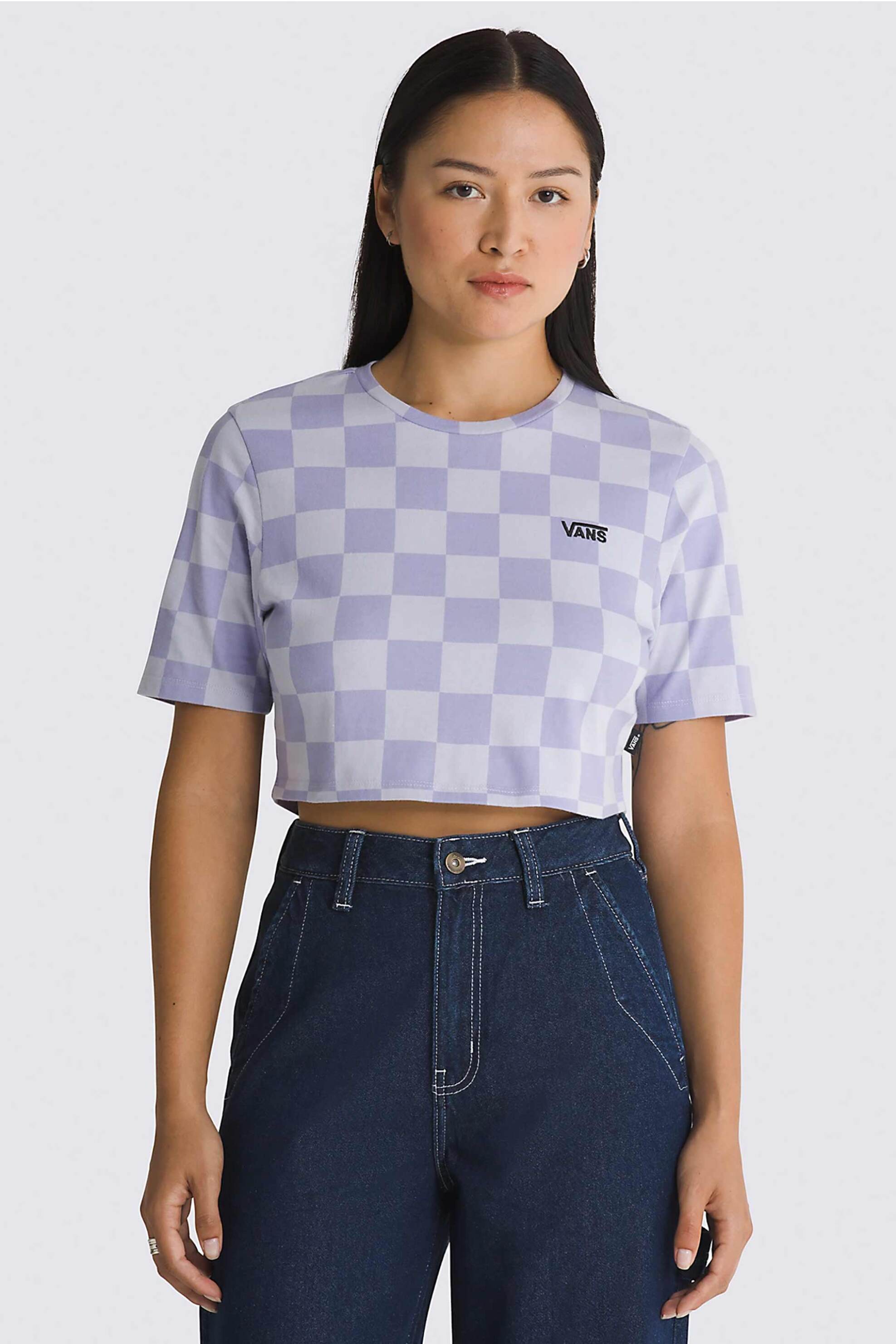 Γυναικεία Ρούχα & Αξεσουάρ > Γυναικεία Ρούχα > Γυναικεία Τοπ > Γυναικεία T-Shirts Vans γυναικείο βαμβακερό T-shirt cropped με all-over checkerboard print "Checker Crew" - VN000GB5CR21 Λιλά