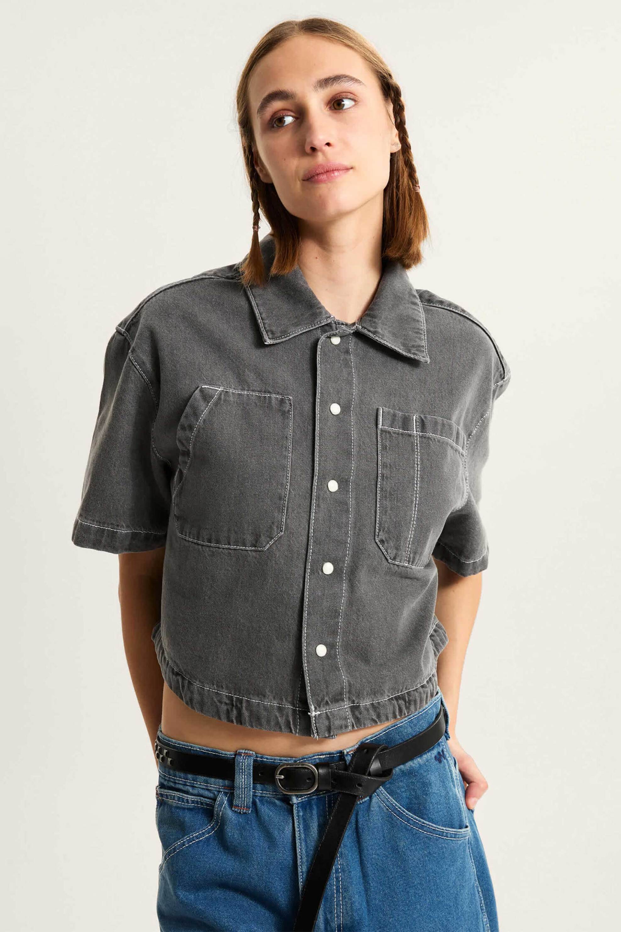 VANS Vans γυναικείο denim πουκάμισο cropped Boxy Fit "Natalie" - VN000Q0YY7J1 Ανθρακί