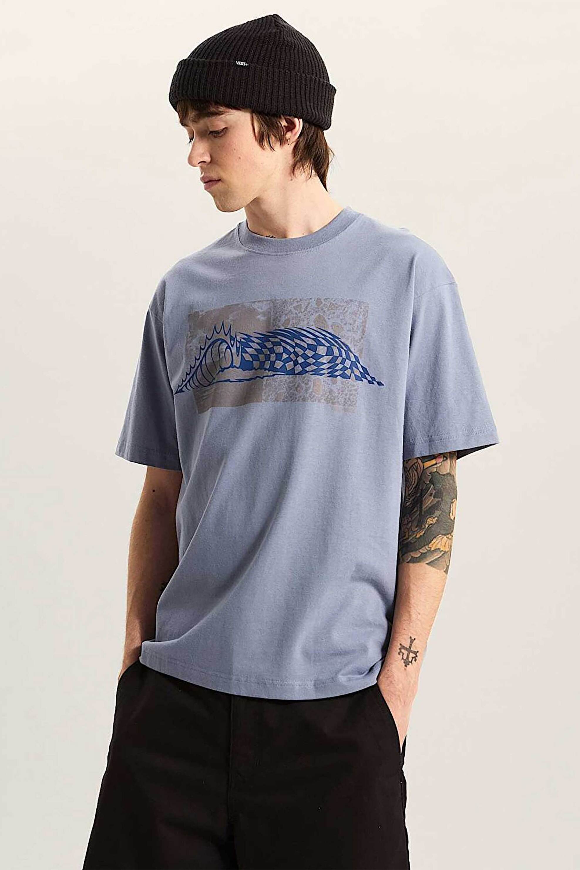 Vans ανδρικό T-shirt Relaxed Fit "Wave Check" - VN000TQEFOI1 Γκρι Γαλάζιο
