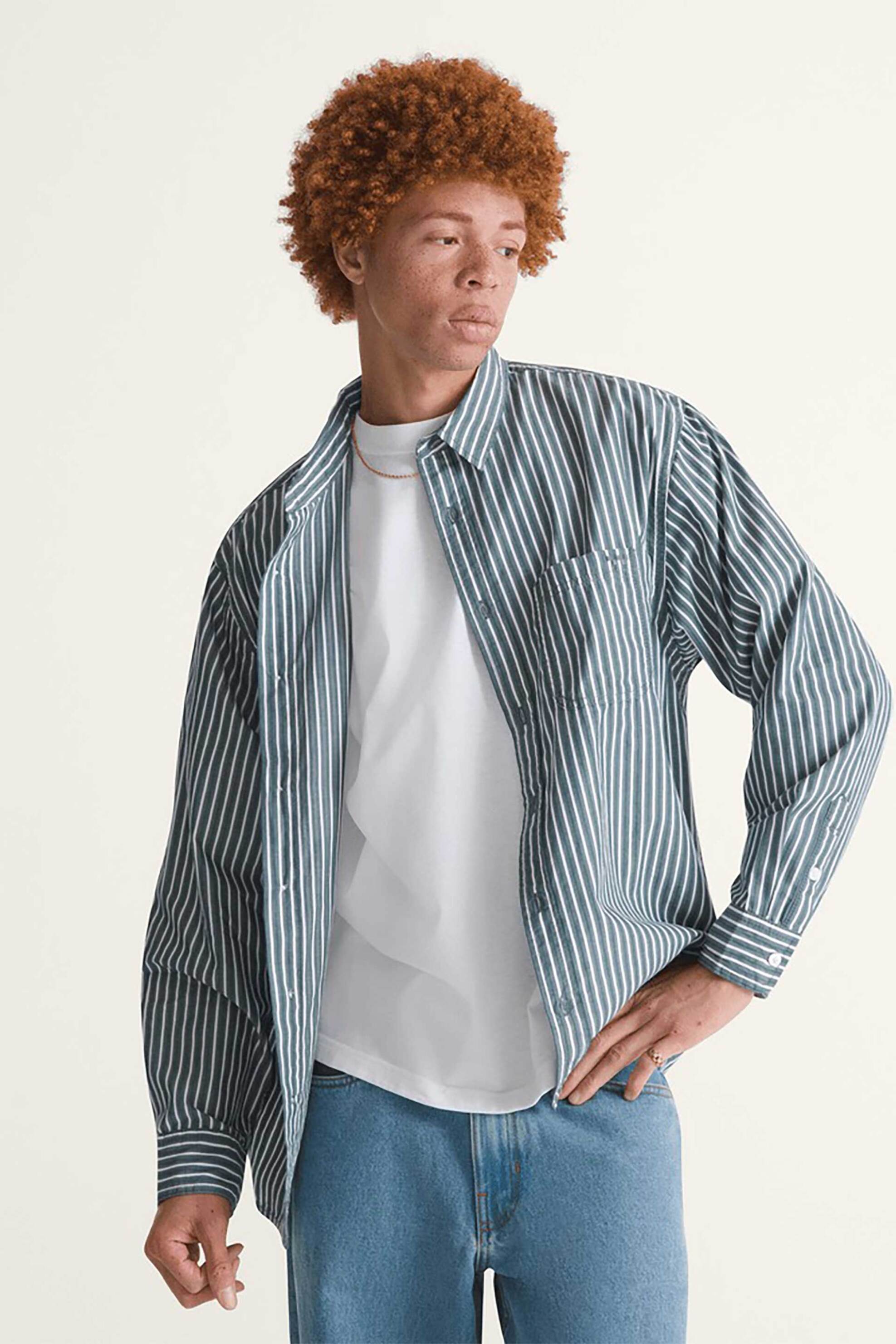 Vans ανδρικό πουκάμισο με ριγέ σχέδιο και τσέπη Loose Fit "Dobby" - VN000T76FRJ1 Πράσινο Σκούρο