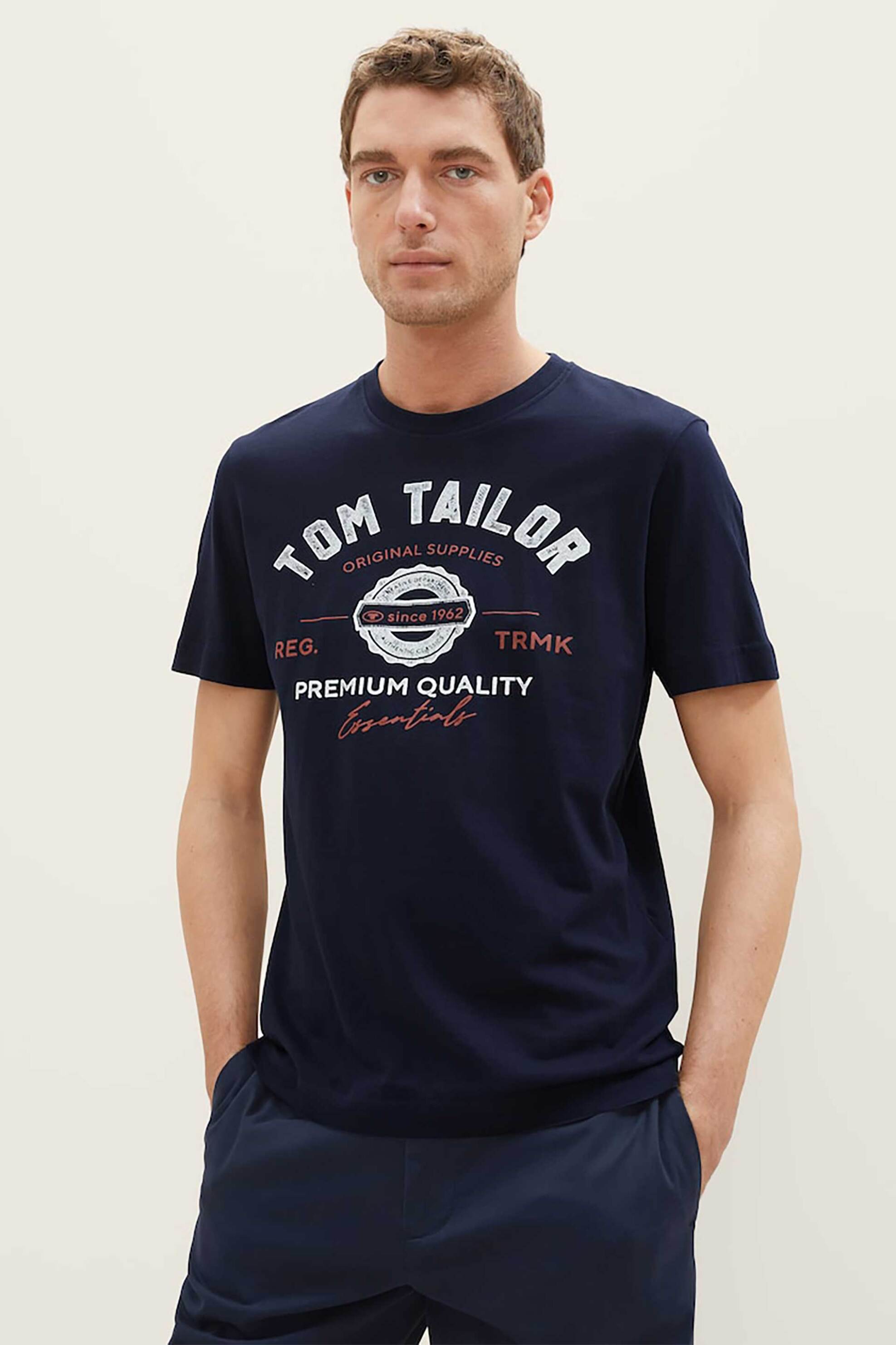 Tom Tailor ανδρικό T-shirt με λογότυπο και lettering Regular Fit - 1037735 Μπλε Σκούρο