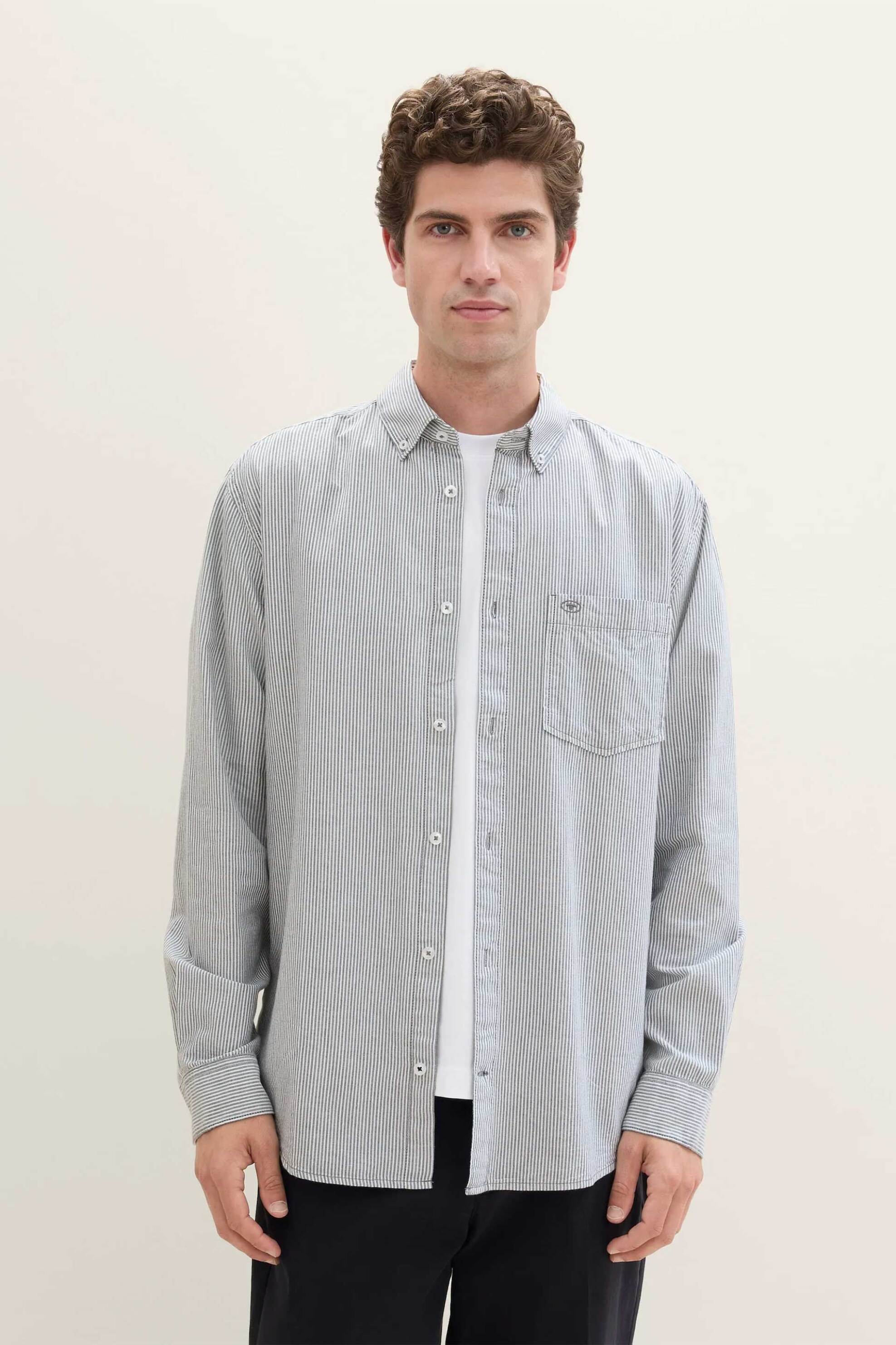 Tom Tailor ανδρικό πουκάμισο button down με τσέπη στο στήθος Regular Fit - 1042640 Γκρι Γαλάζιο