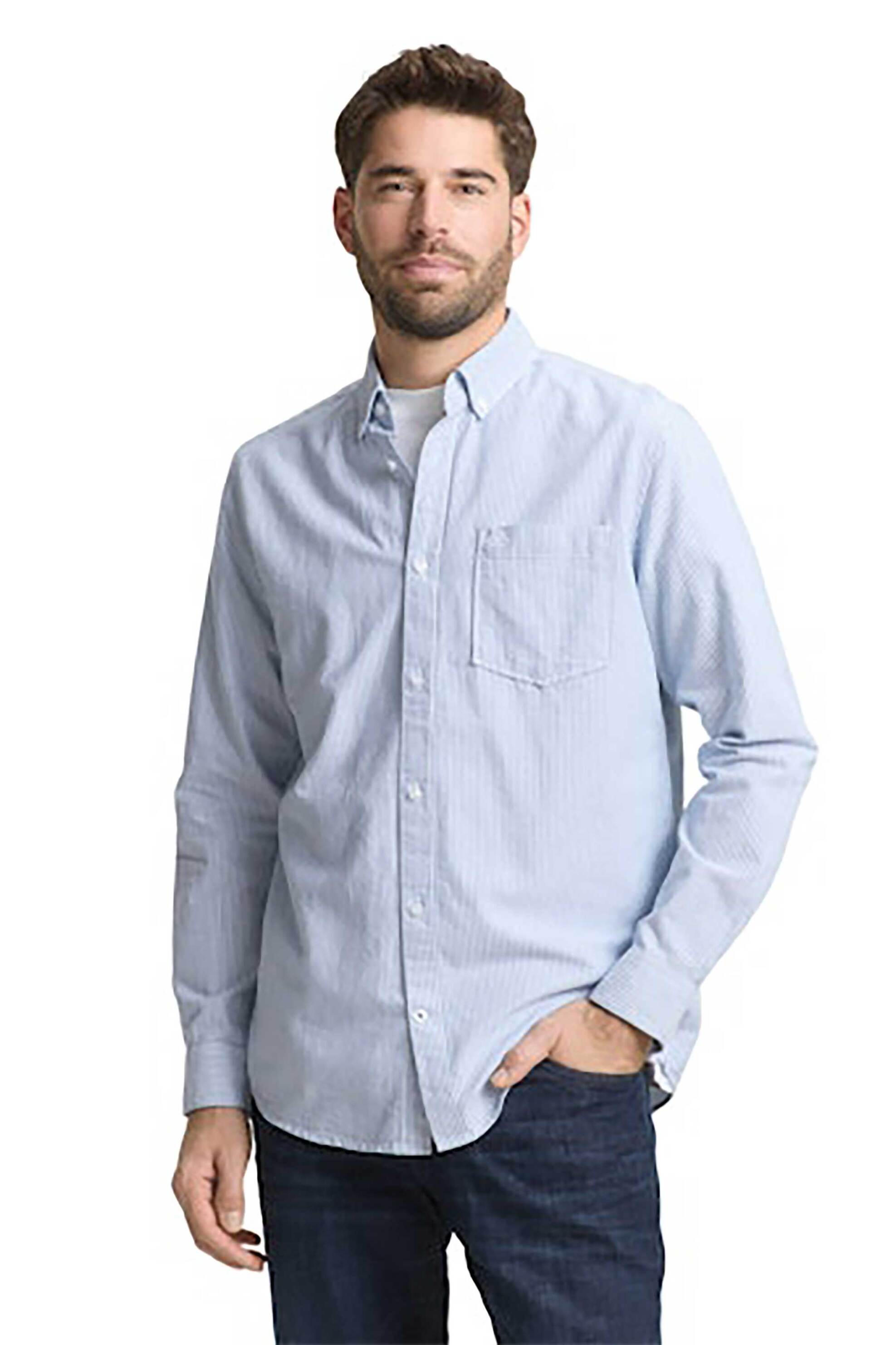 Tom Tailor ανδρικό πουκάμισο button down με τσέπη και κεντημένο λογότυπο Regular Fit - 1042640 Σιελ