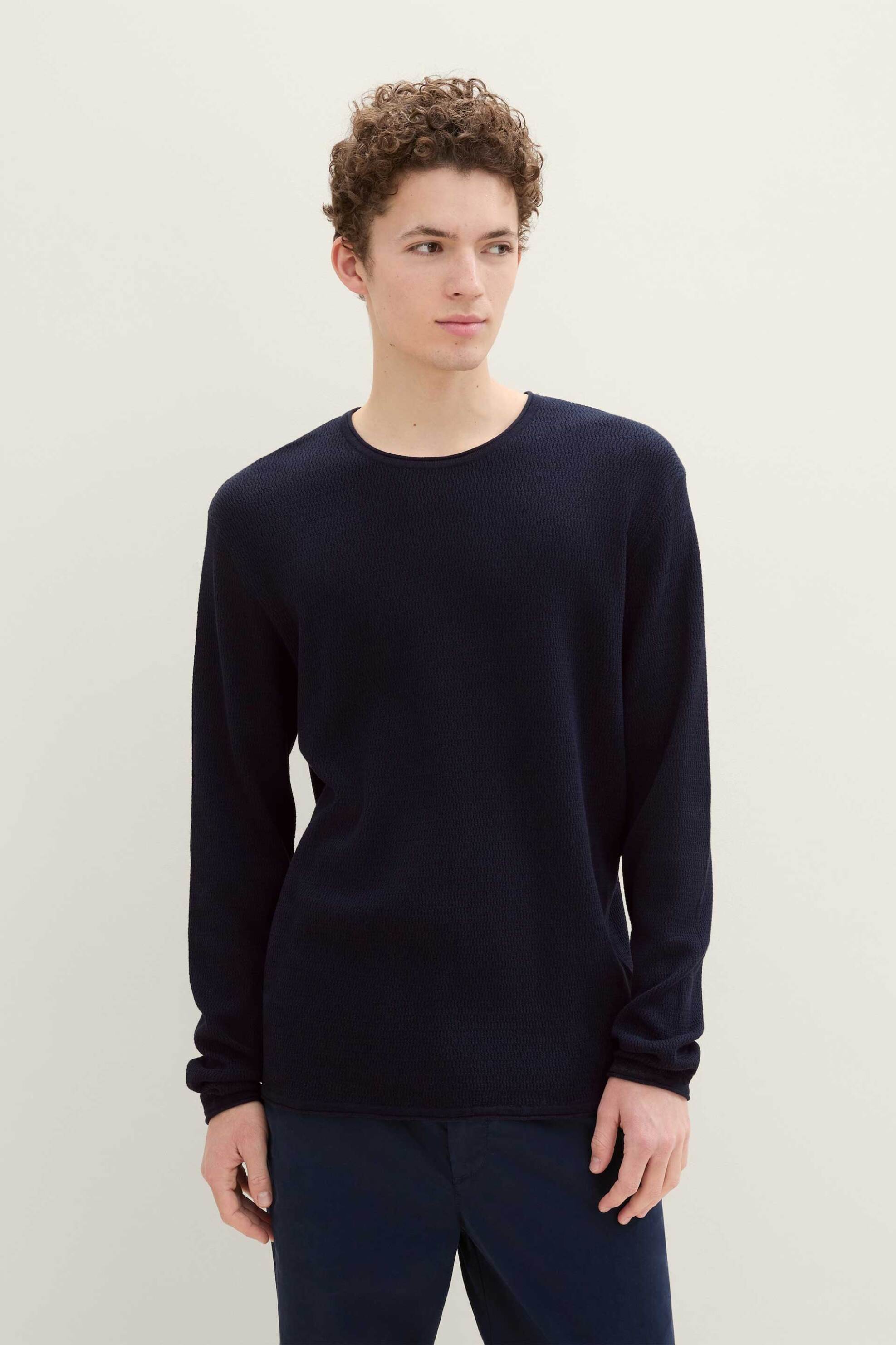 Tom Tailor ανδρικό μονόχρωμο πουλόβερ structured Regular Fit - 1042517 Μπλε Σκούρο