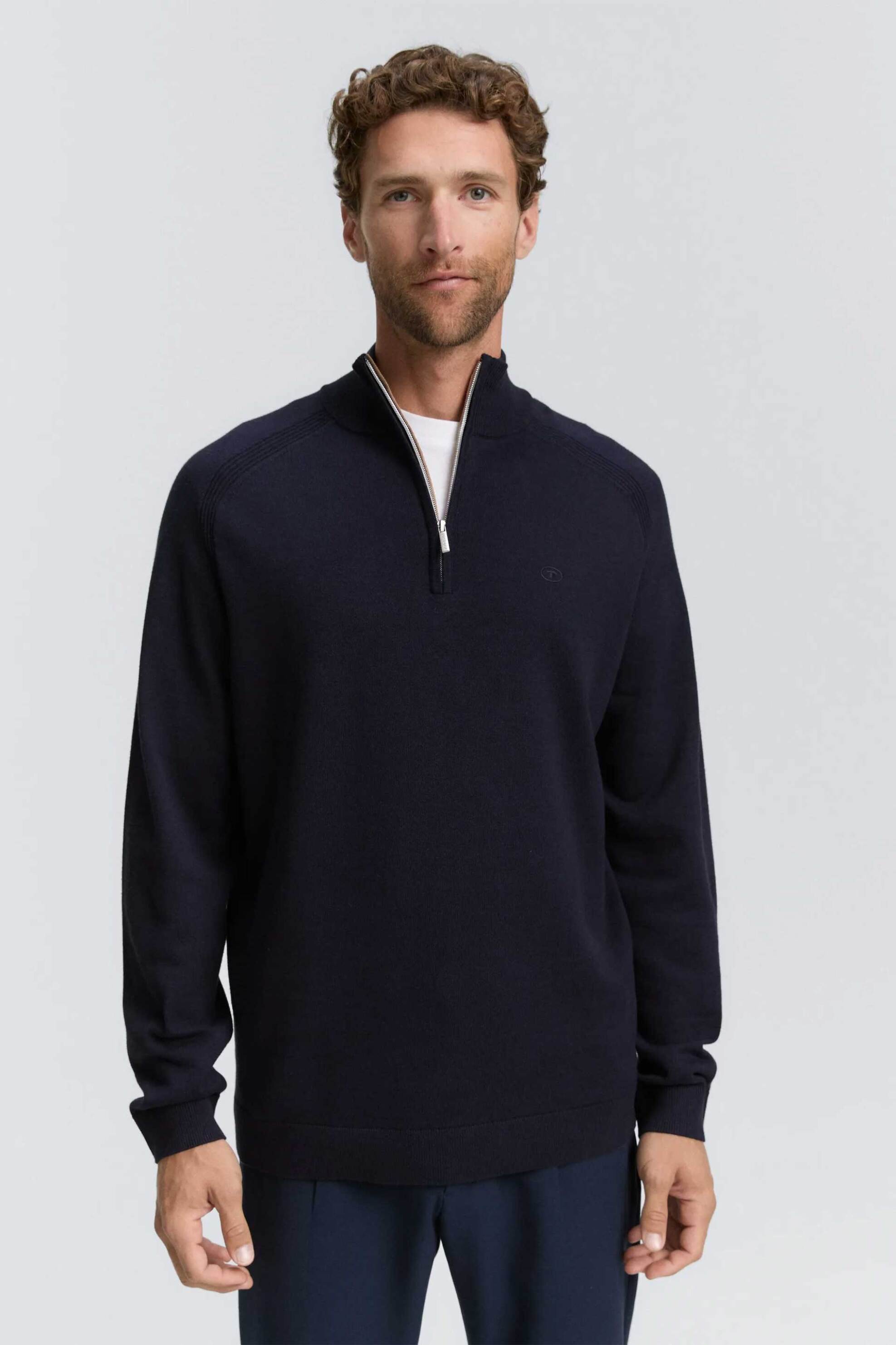 Tom Tailor ανδρική πλεκτή μπλούζα και ψηλό λαιμό με φερμουάρ Regular Fit - 1047569 Μπλε Σκούρο