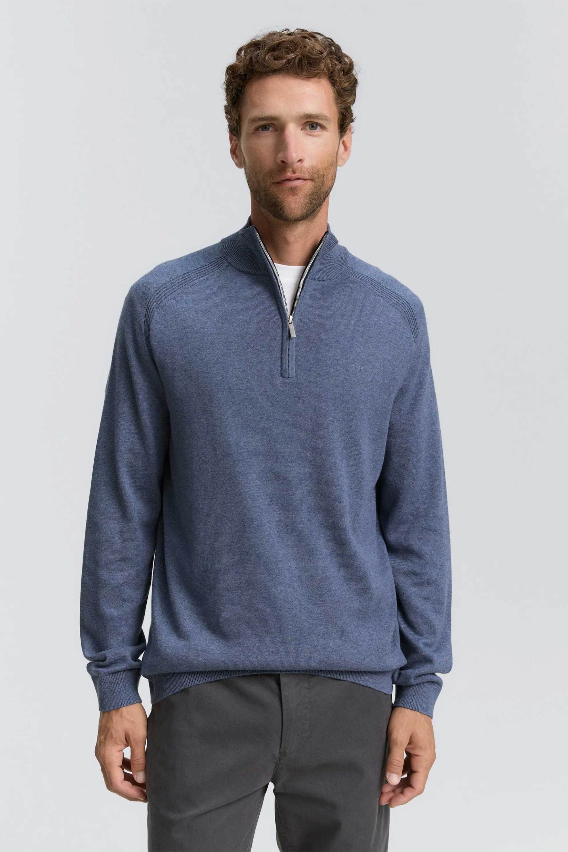 Tom Tailor ανδρική πλεκτή μπλούζα και ψηλό λαιμό με φερμουάρ Regular Fit - 1047569 Μπλε